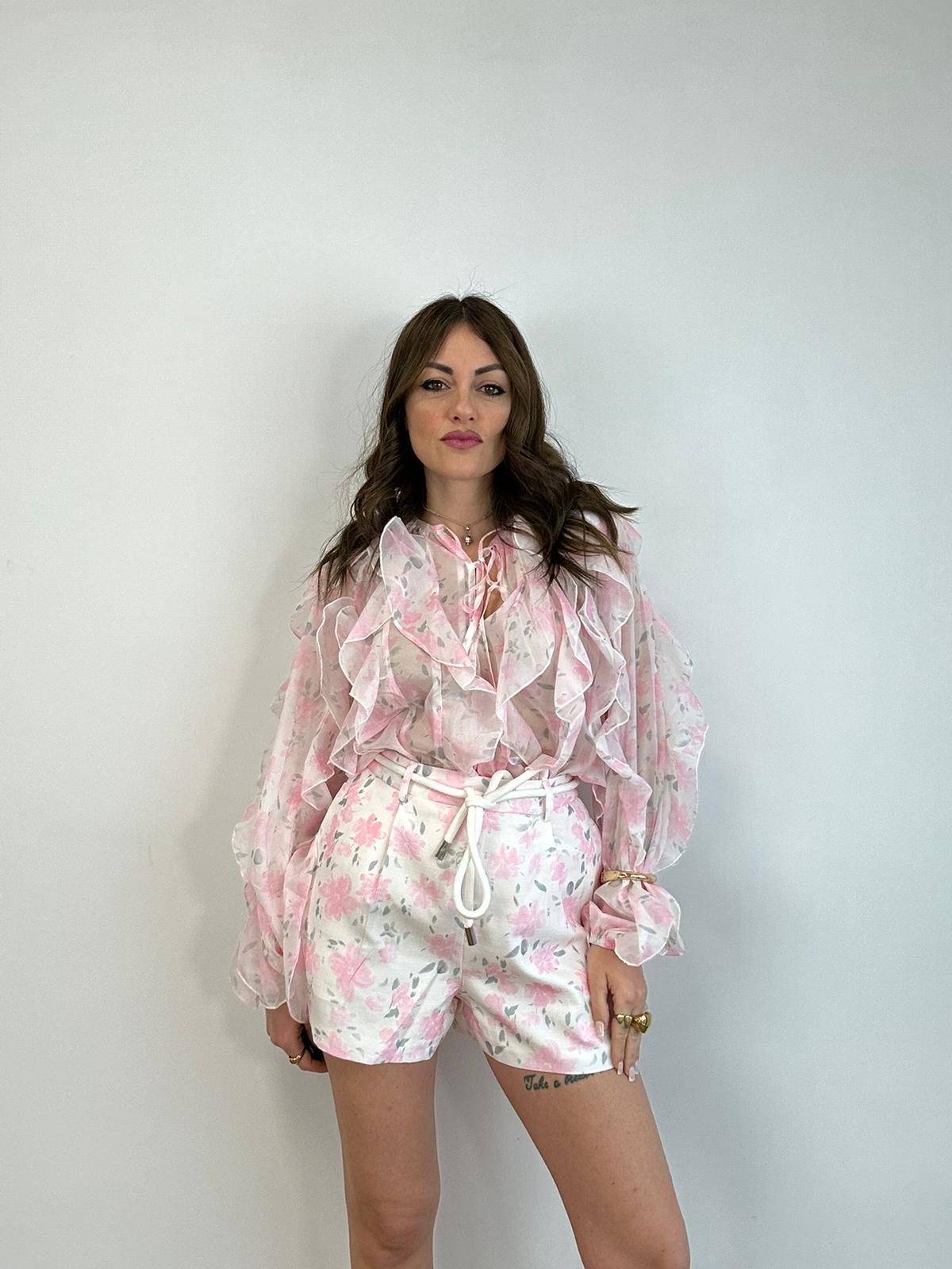 Coordinato floreale ( Pantaloncino + Camicetta ) S6111 - Fondo Bianco