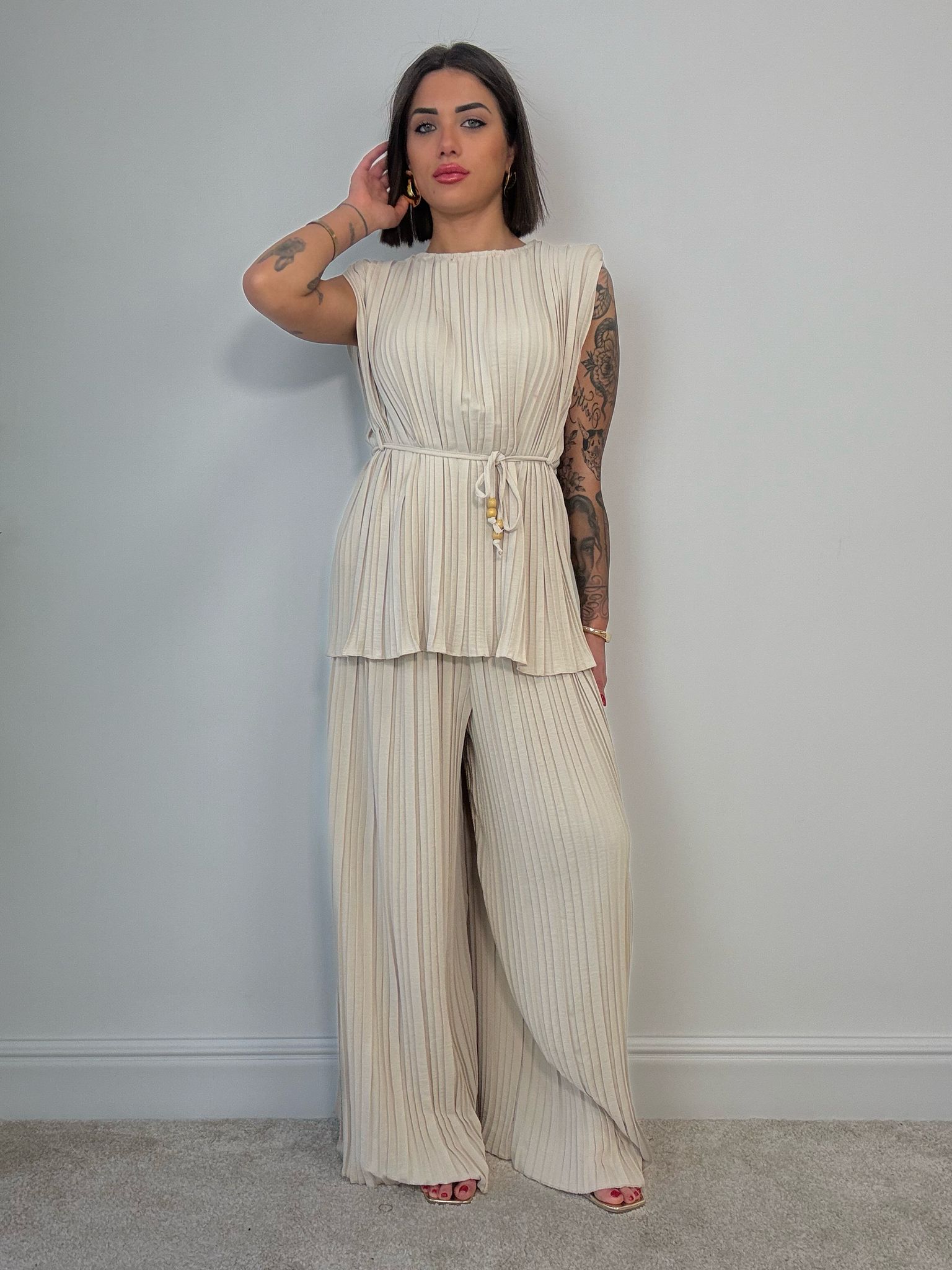Coordinato Plissettato (Blusa + Pantalone) Beige