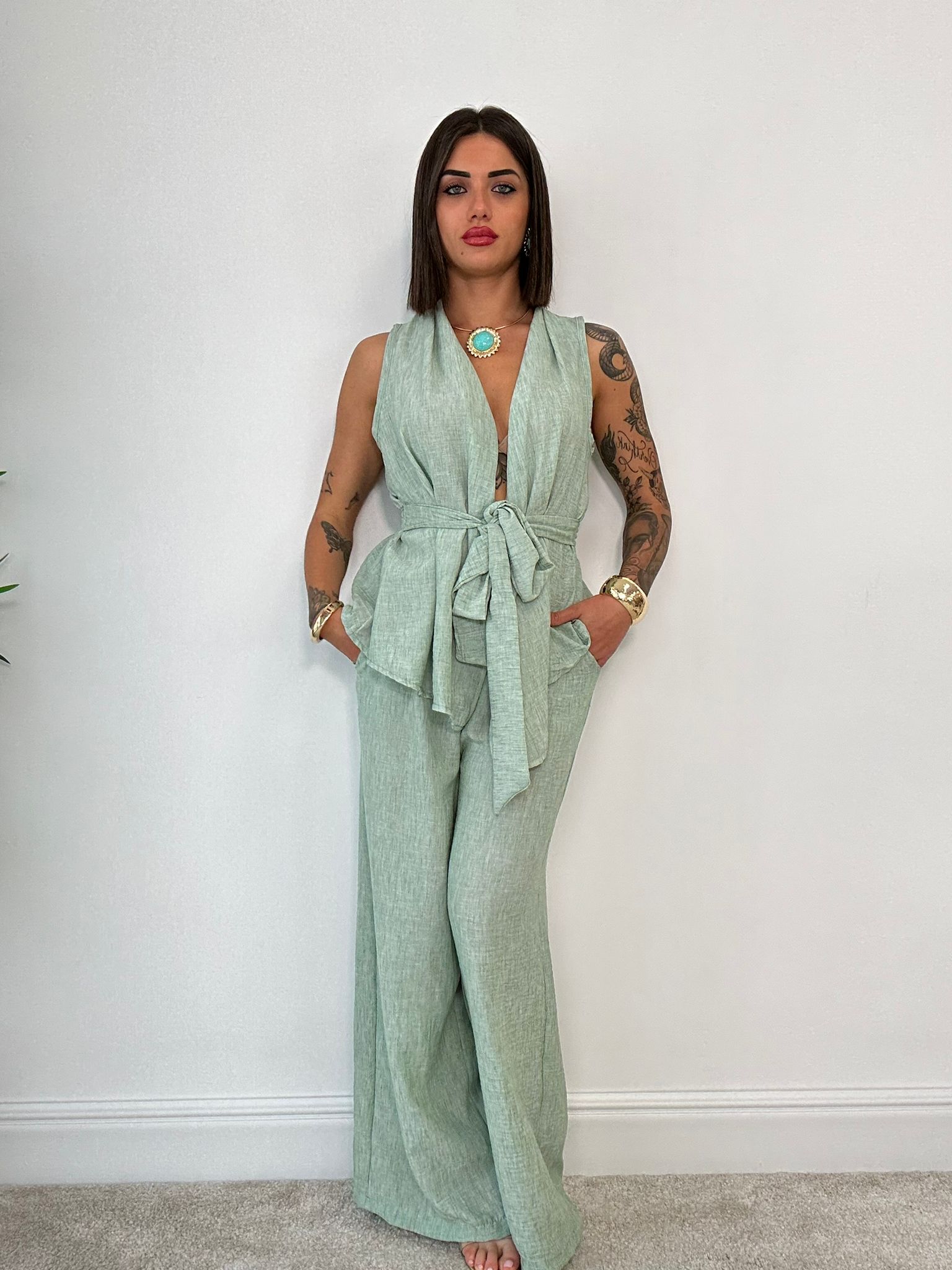 Coordinato Rio (Giacca smanicata + Pantalone) Verde Chiaro