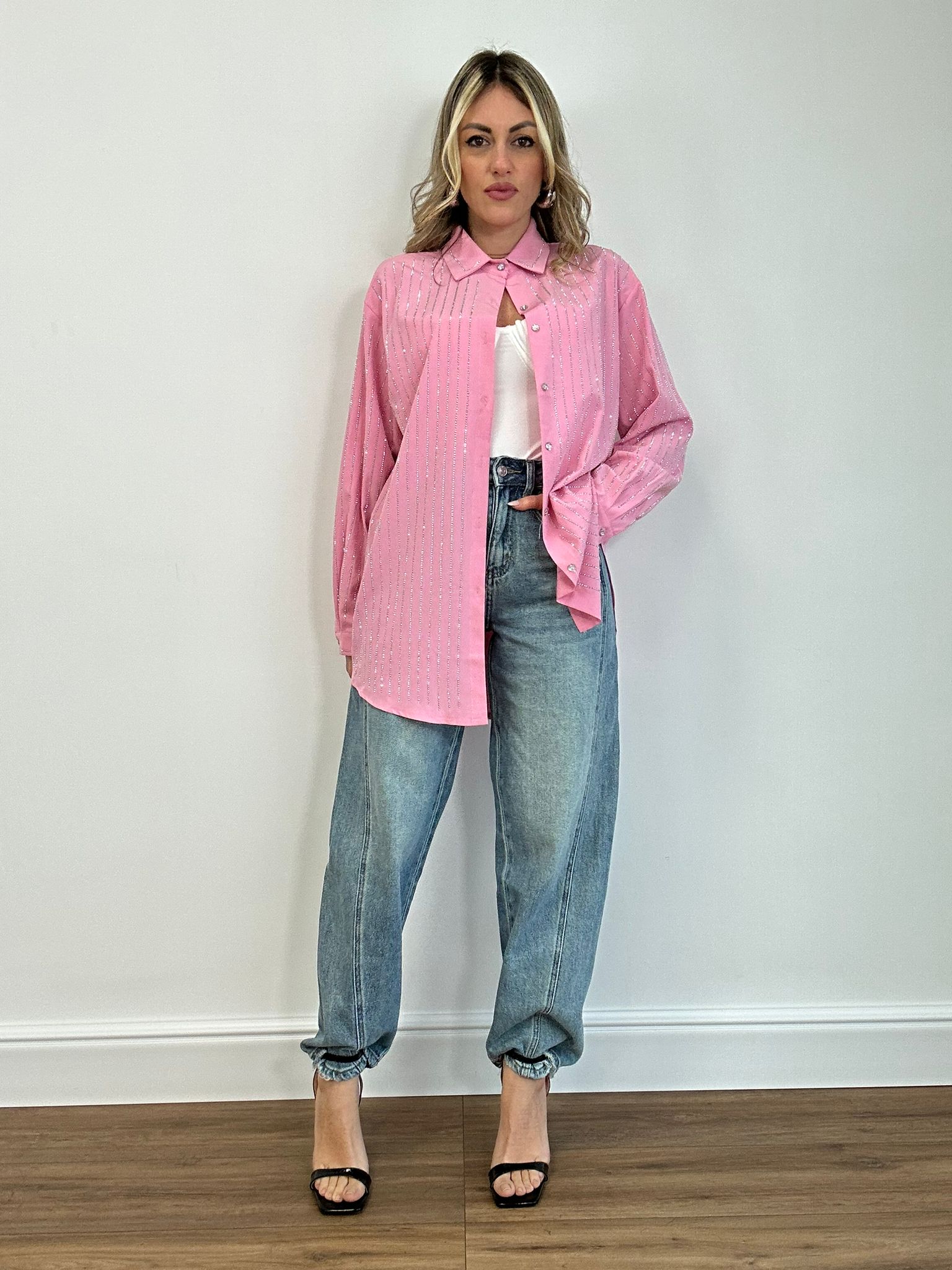 Camicia con strass argento - Rosa