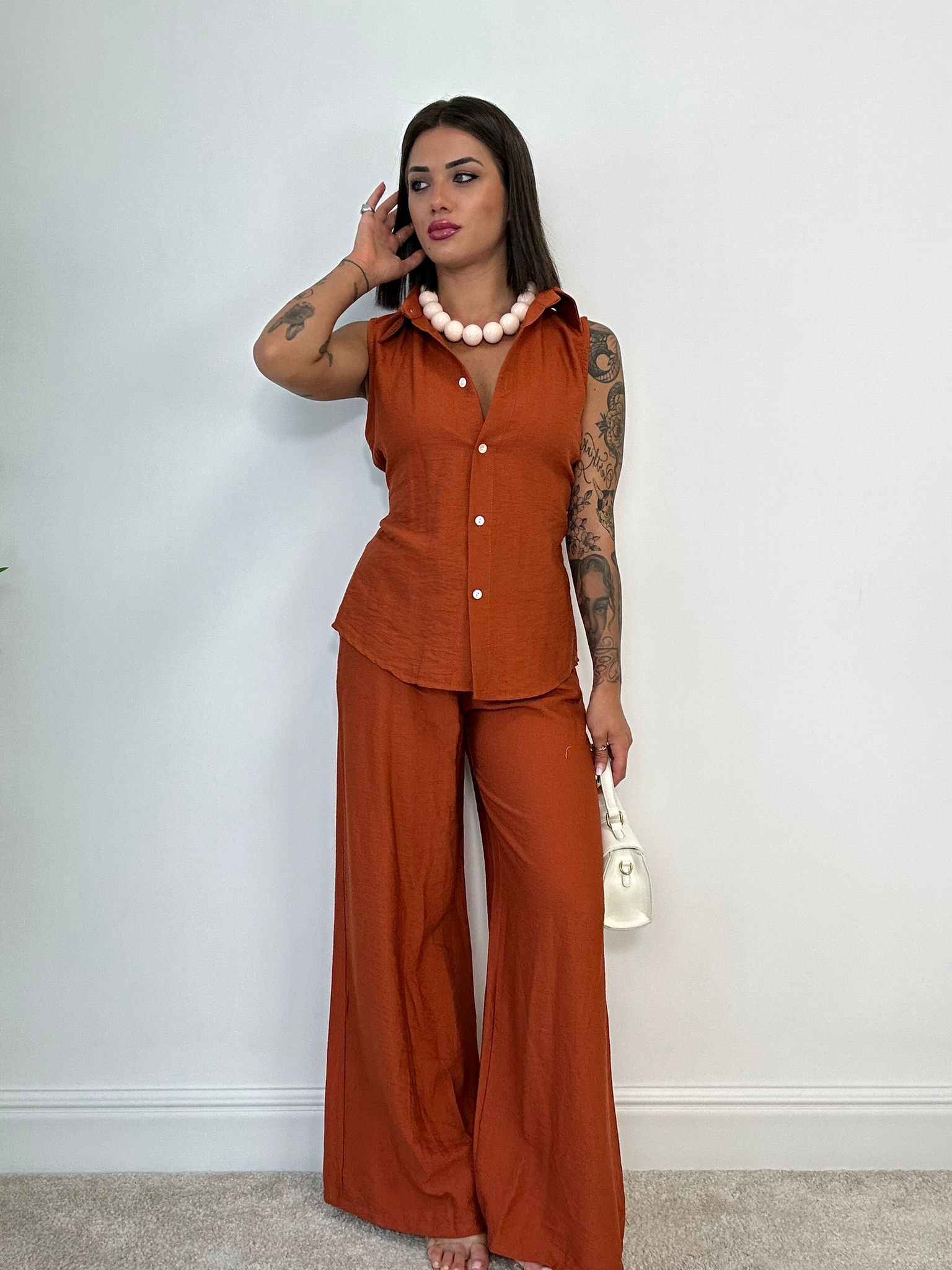 Coordinato Elena (Camicia Smanicata + Pantalone) Coccio