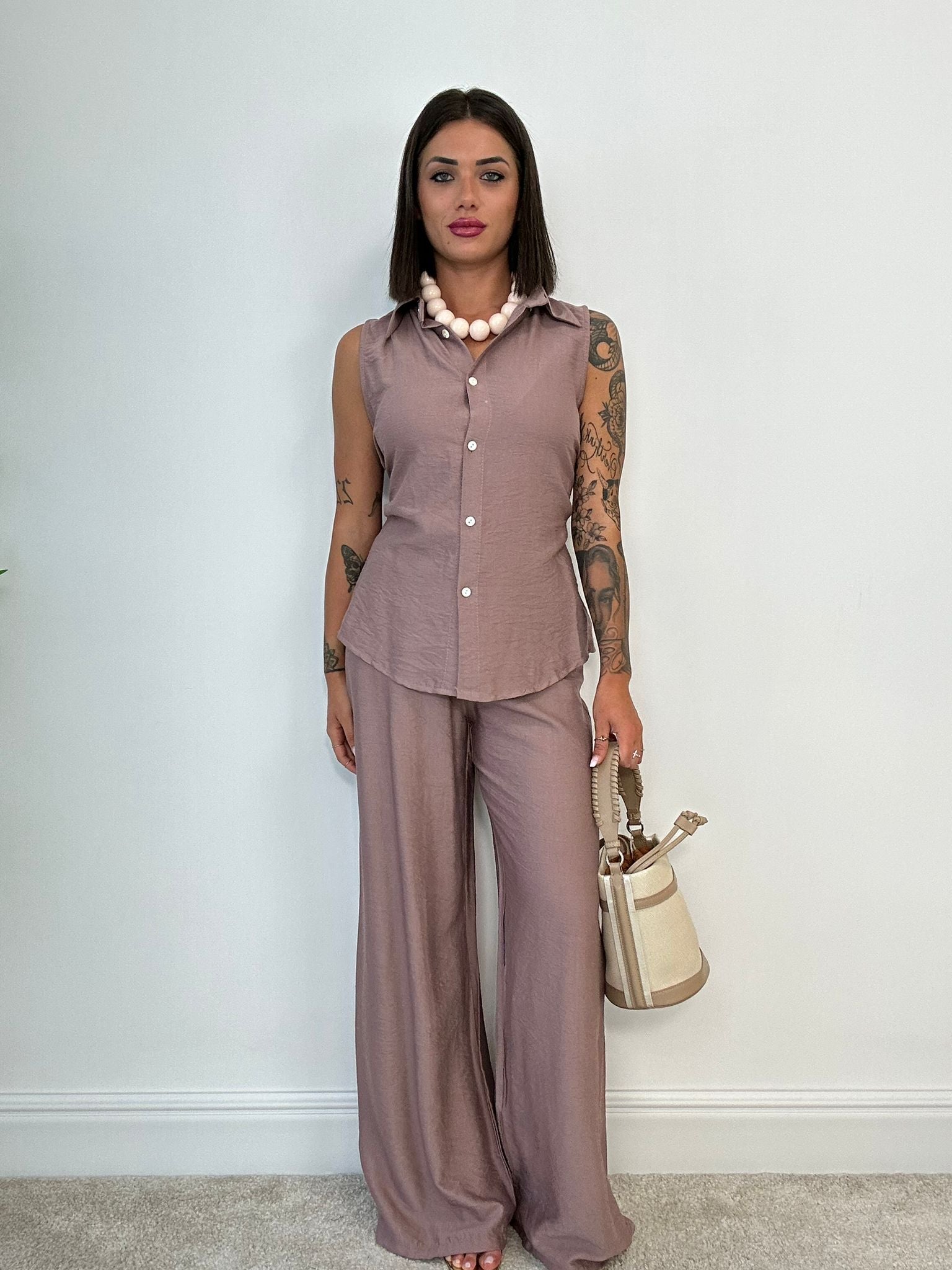 Coordinato Elena (Camicia Smanicata + Pantalone) Tortora
