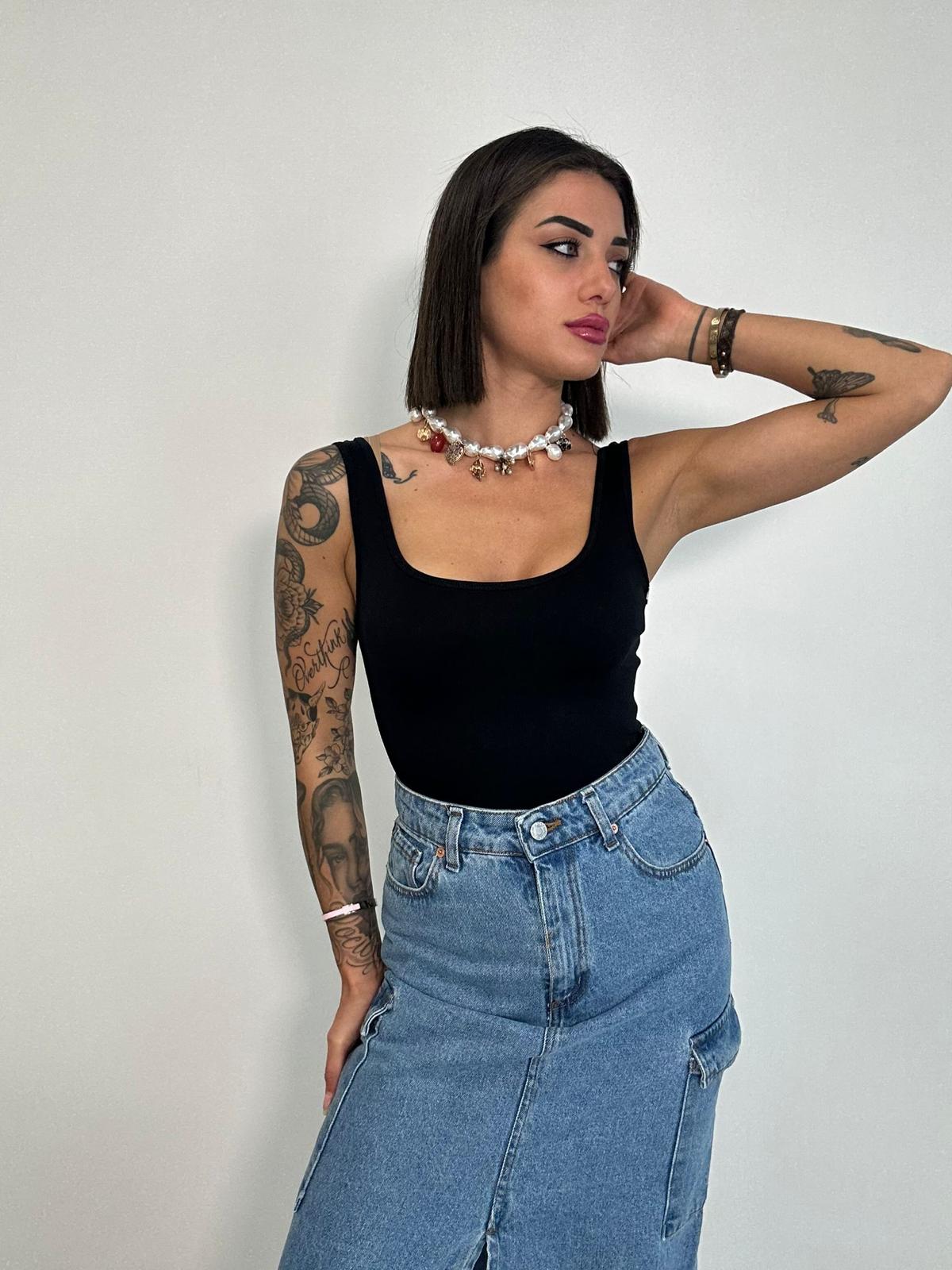 Body con coppe scollo rotondo - Nero