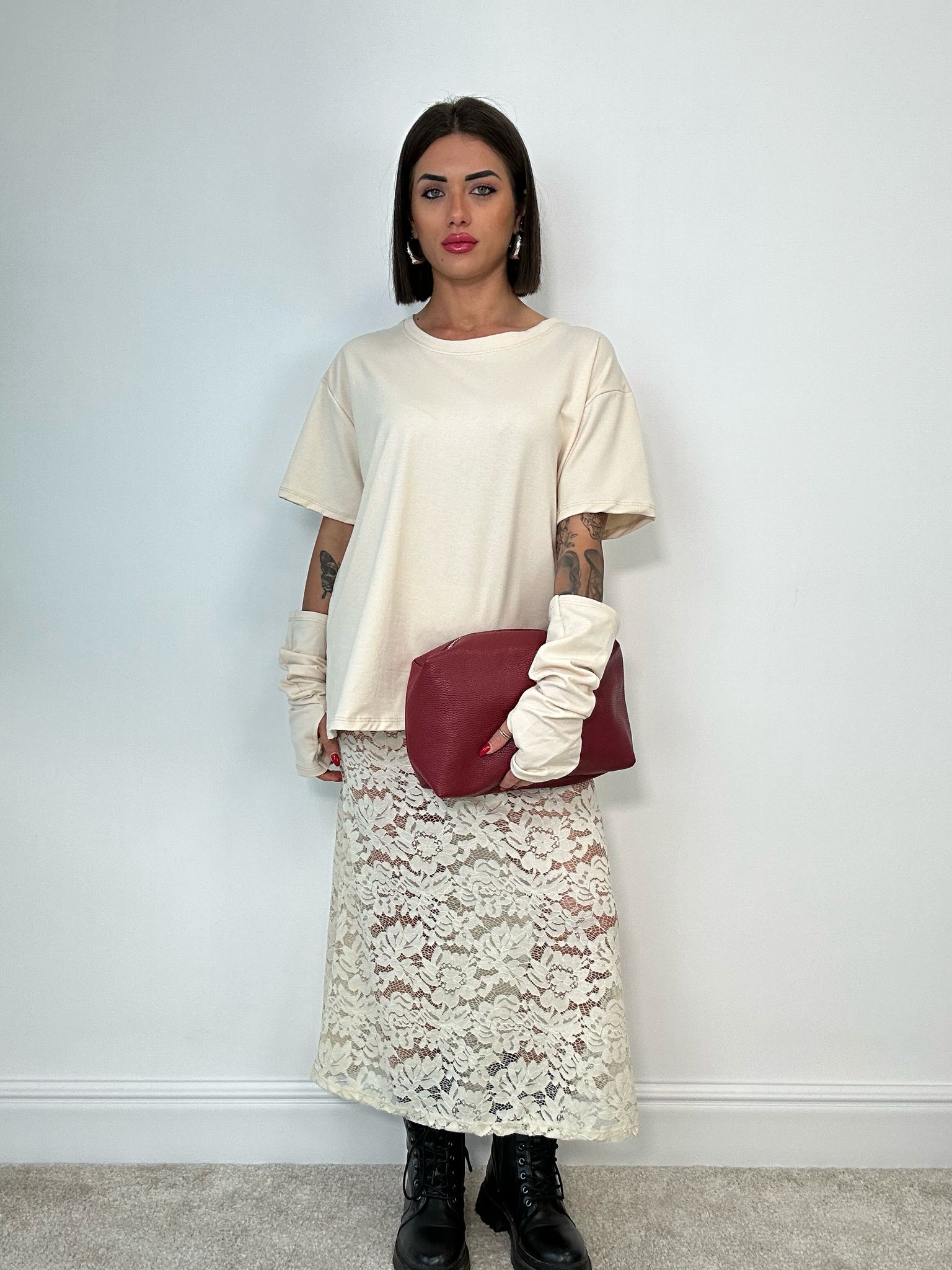 T-Shirt con Manicotti - Panna
