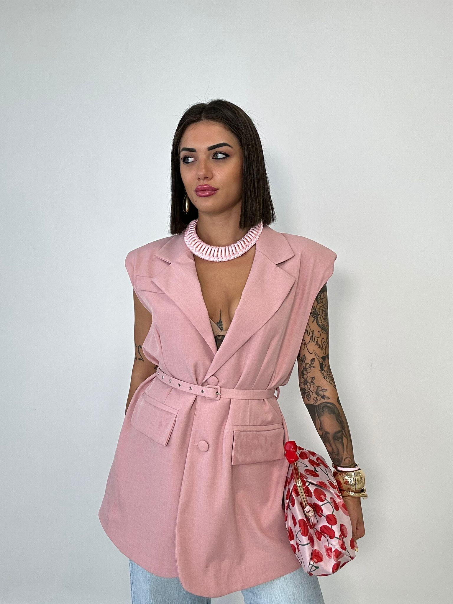 Blazer Smanicato Con Cintura - Rosa