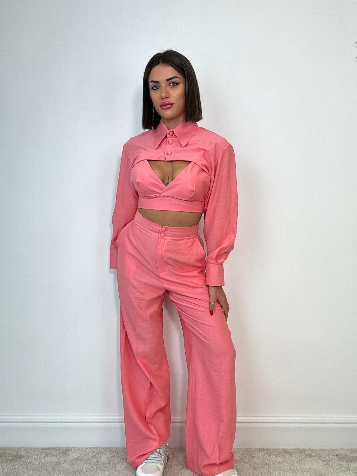 Coordinato Malibù (Camicetta Crop + Bralette + Pantalone) Salmone