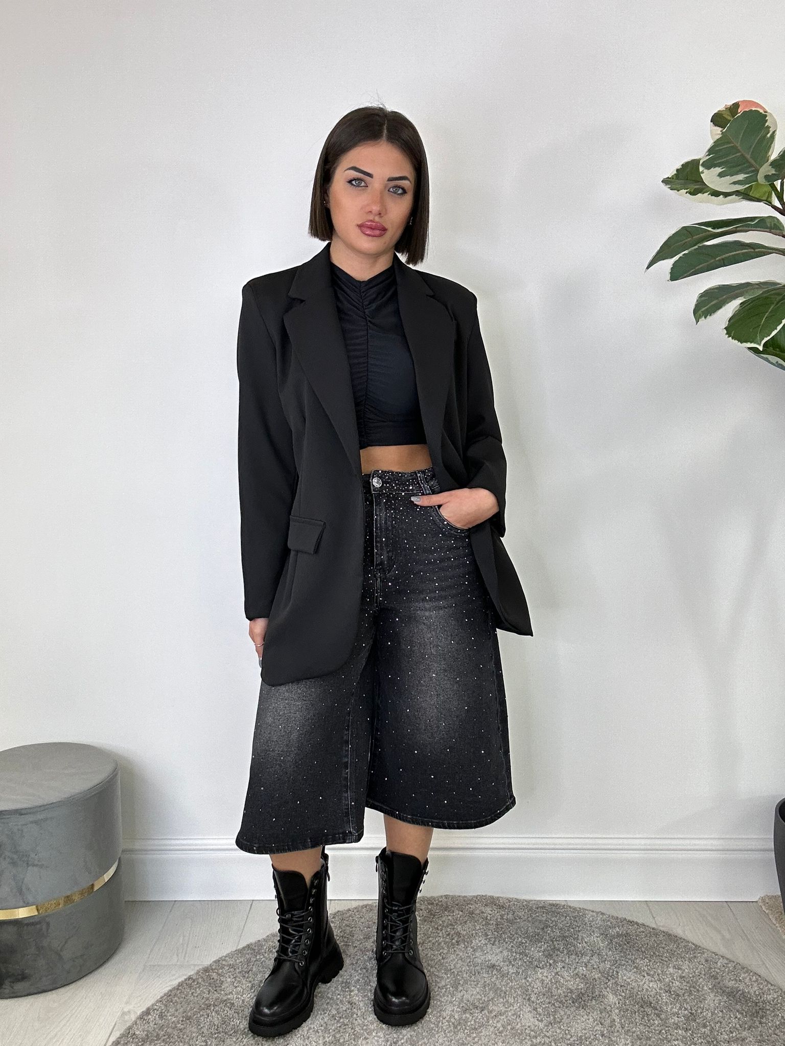 Baggy-Bermuda-Jeans - Schwarz