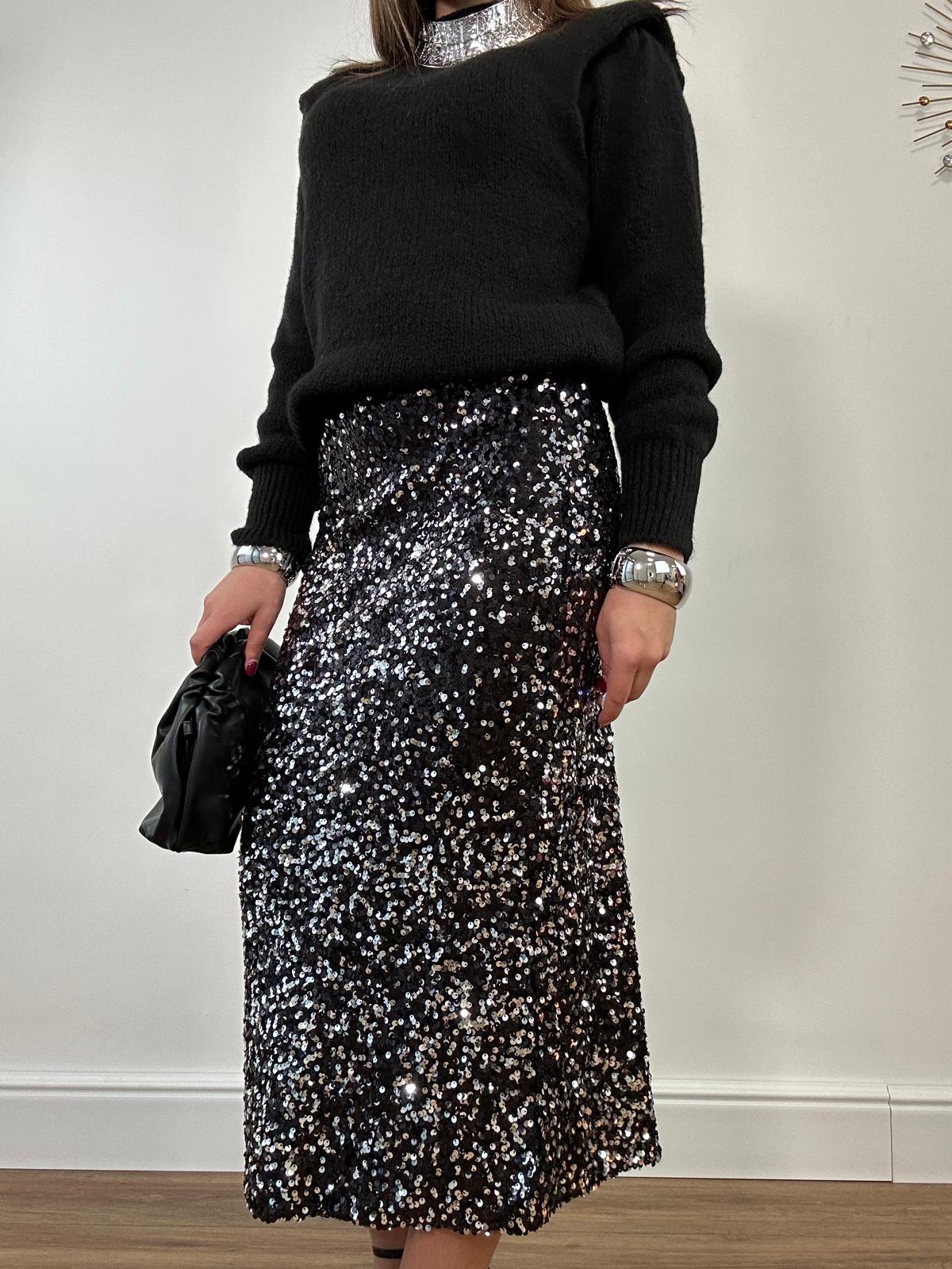 Gonna Longuette con Paillettes 6656 - Nero