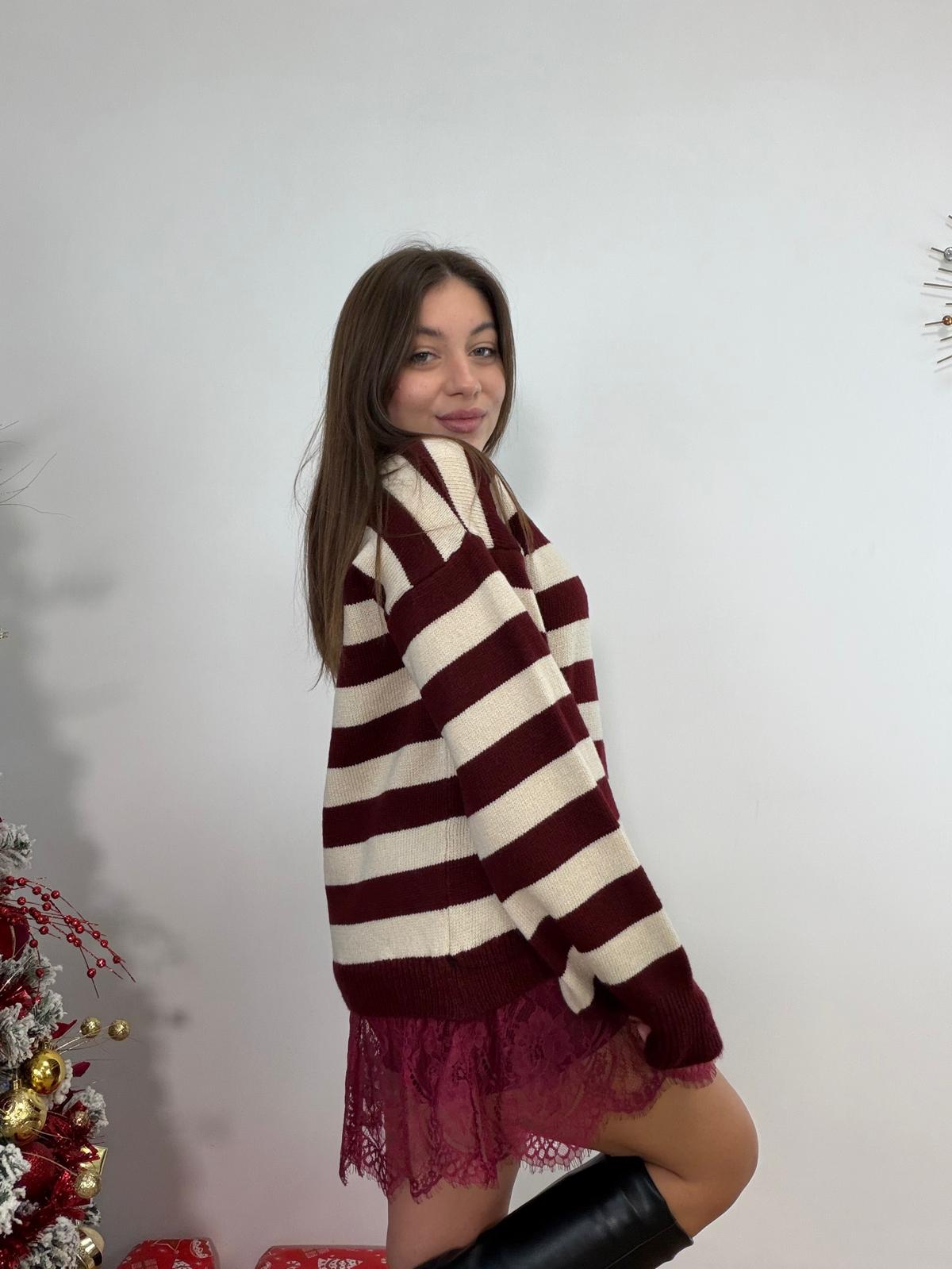 Maglione con pizzo 25892 - Panna e Bordeaux
