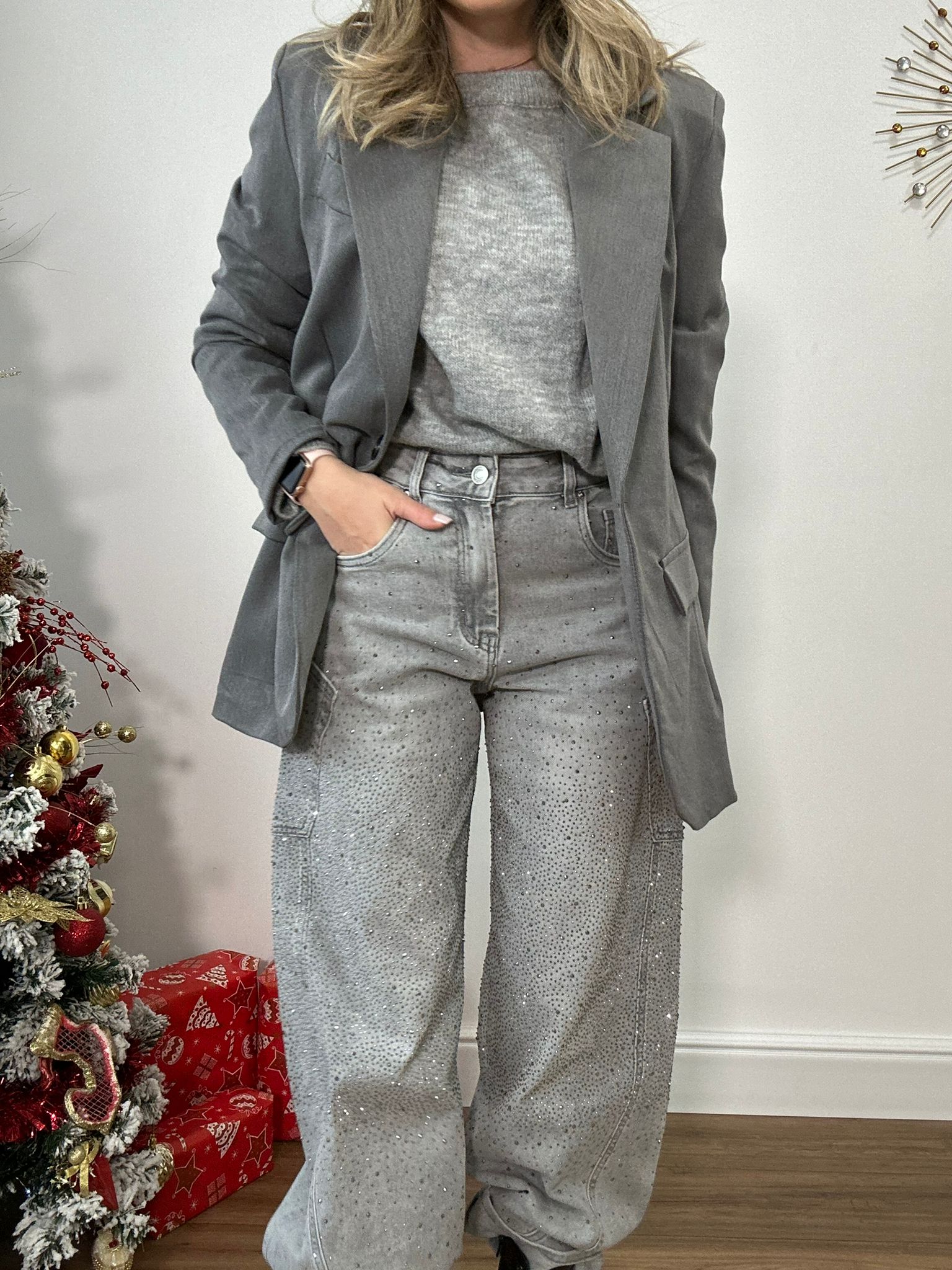 Jeans Wide Balloon Glitter - Hellgrau