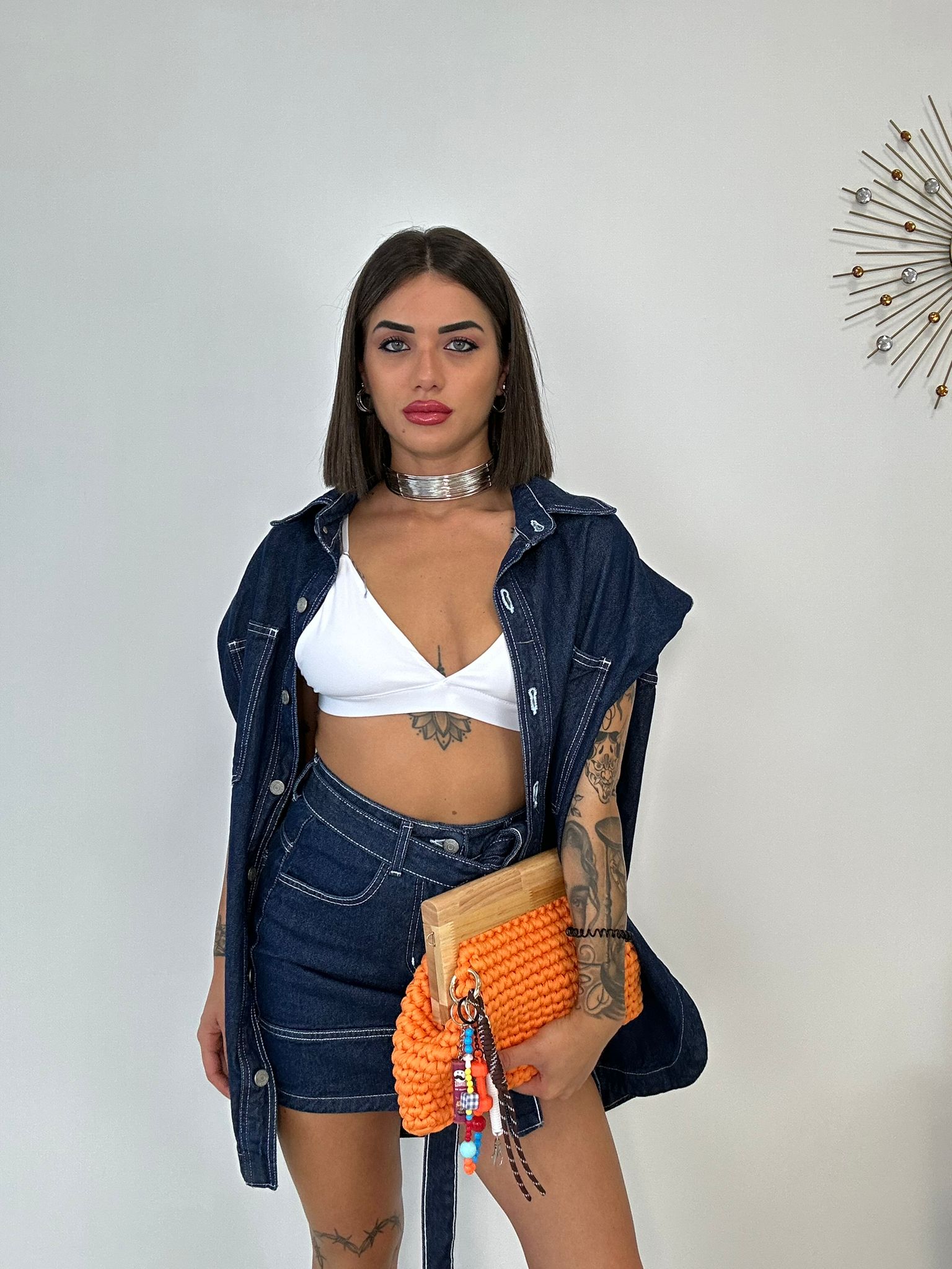 Coordinato di Jeans (Giacca Smanicata + Gonna) Lavaggio scuro