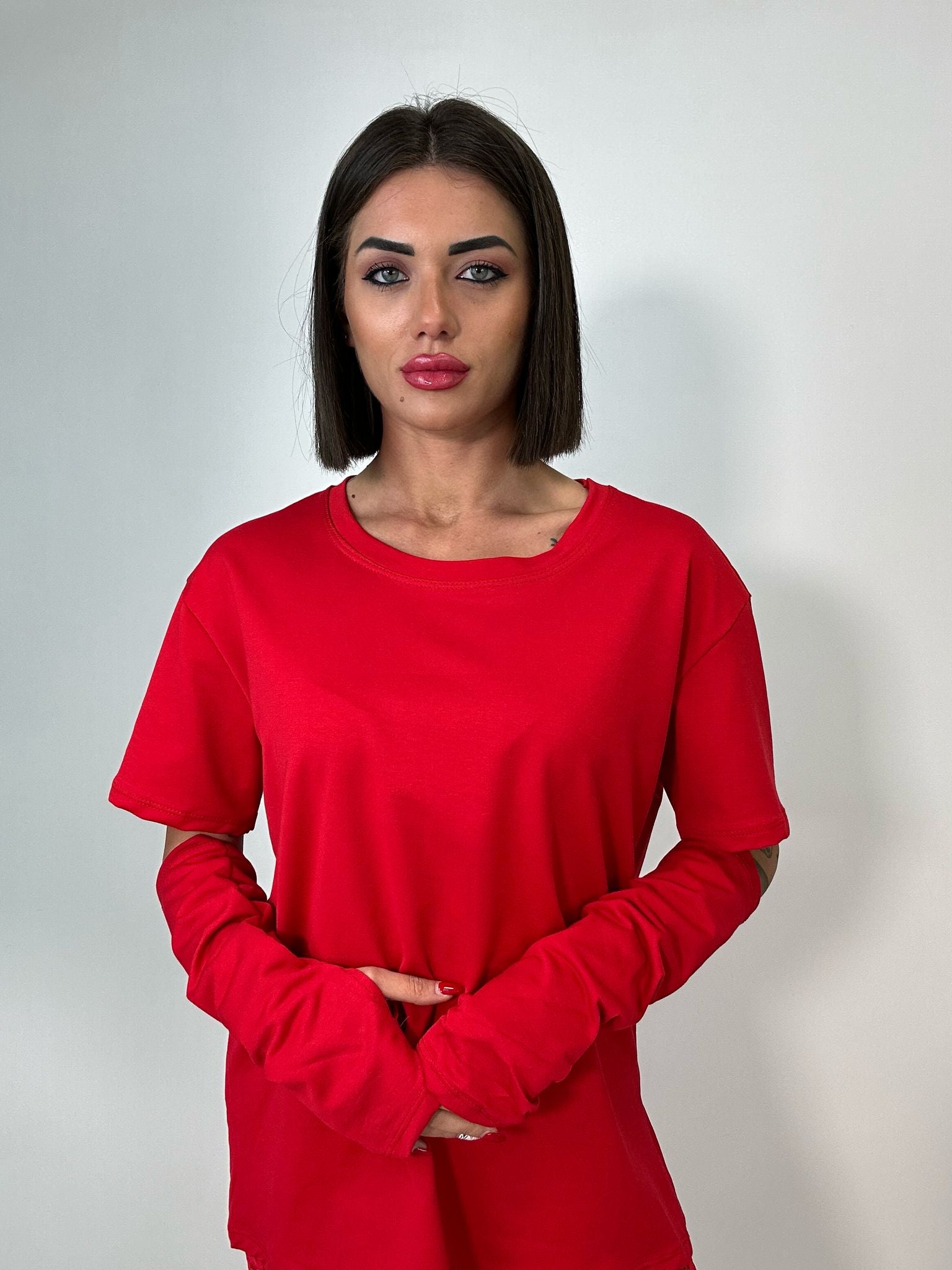 T-Shirt con Manicotti - Rosso