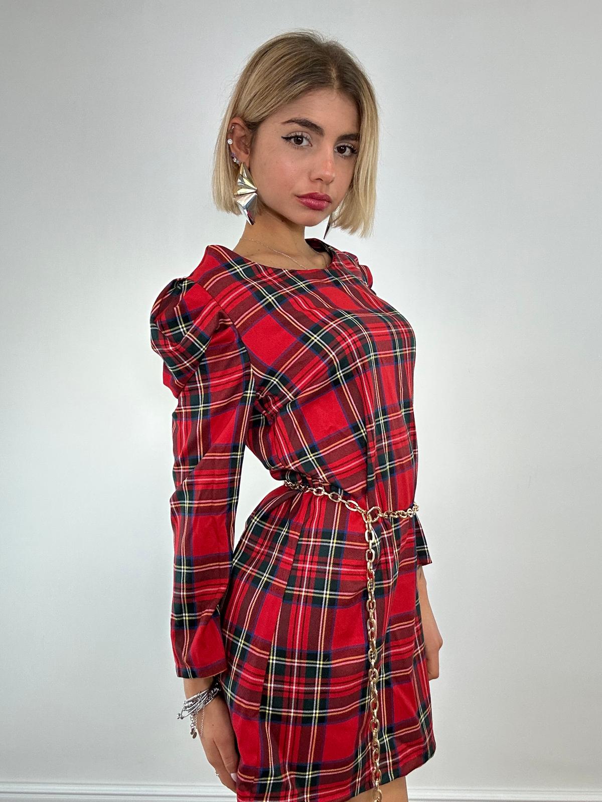 Abito Tartan spalle a sbuffo - Rosso