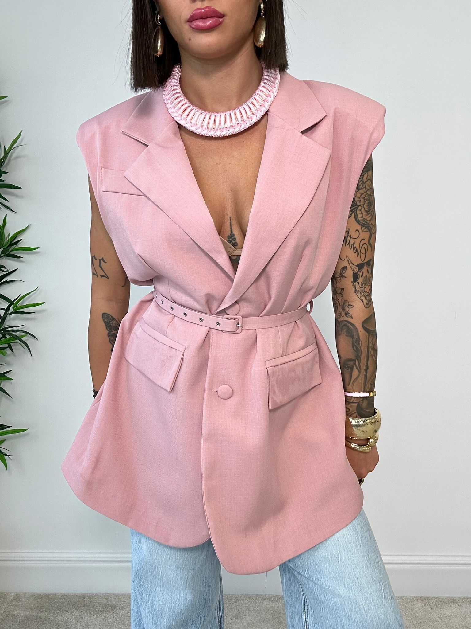 Blazer Smanicato Con Cintura - Rosa