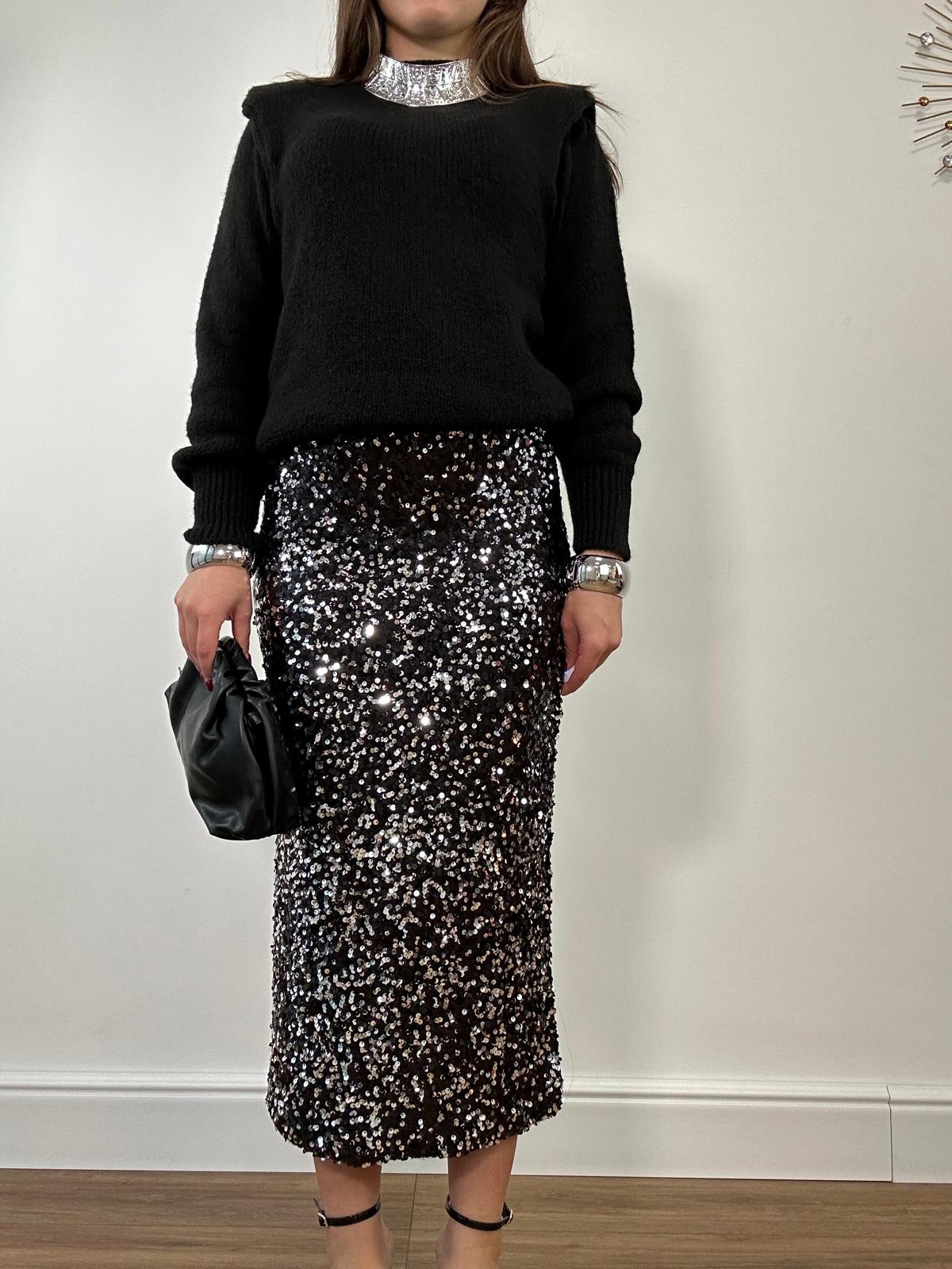 Gonna Longuette con Paillettes 6656 - Nero