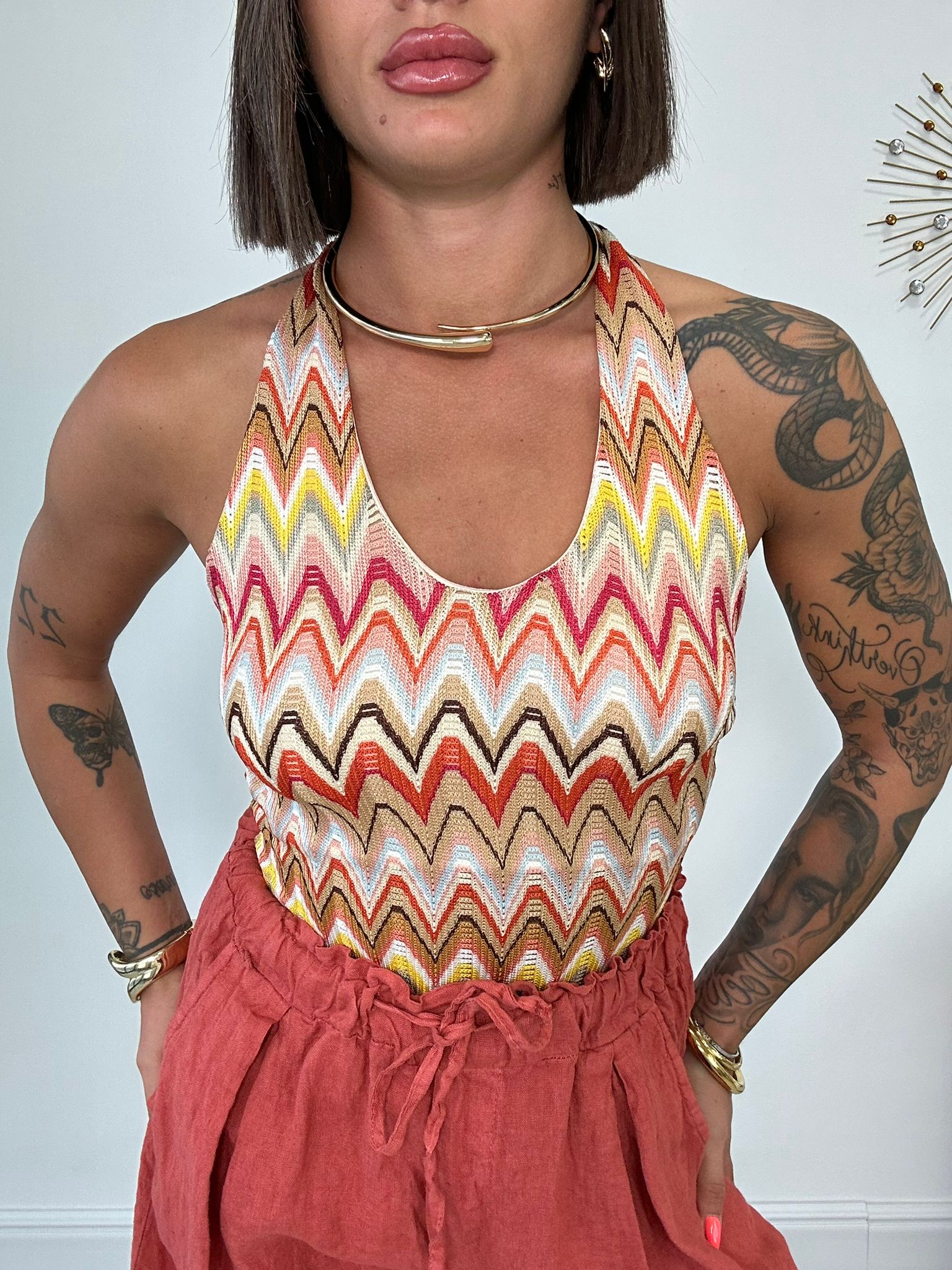 Body Scollo Halter - Multicolor Coccio e Kaki