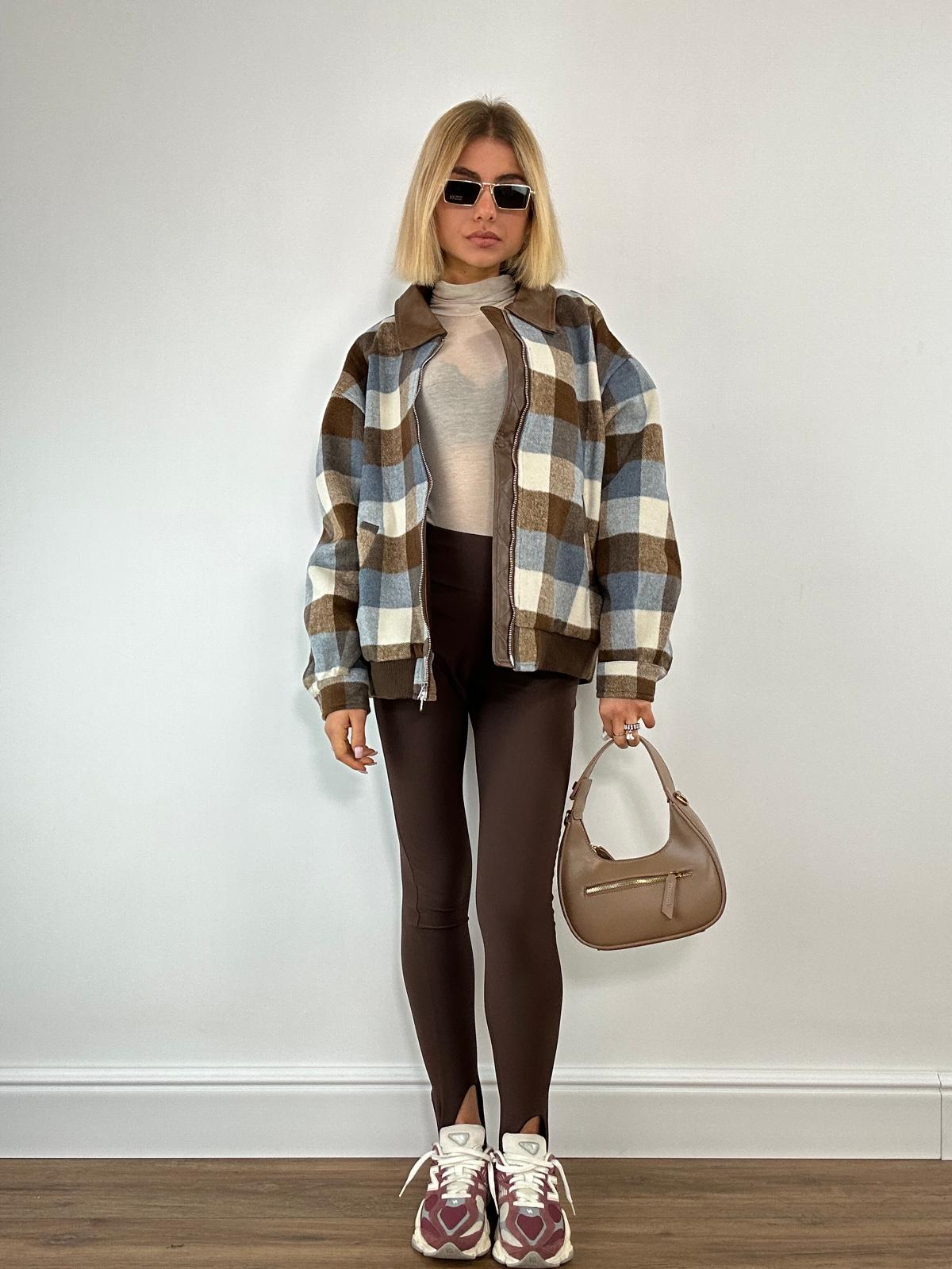 Giubbotto A Quadri W29725 - Celeste e Marrone