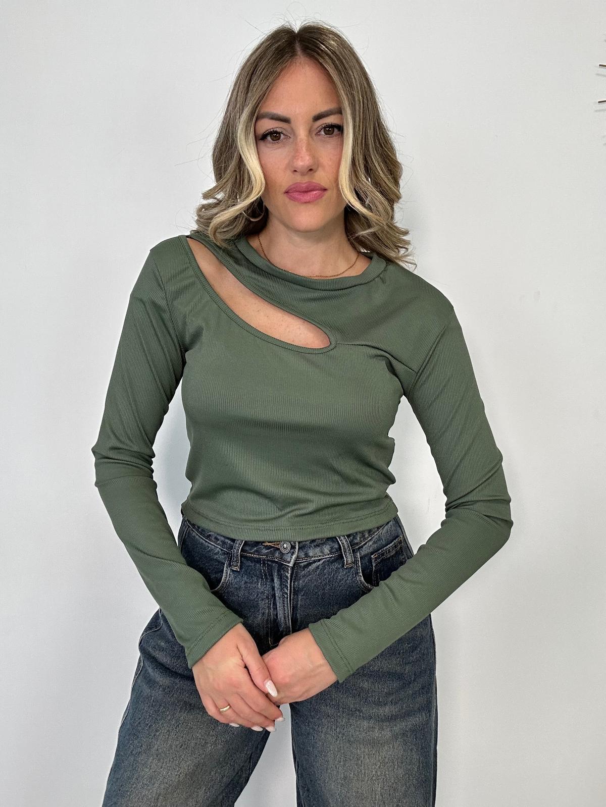 Maglia a costine con apertura - Verde