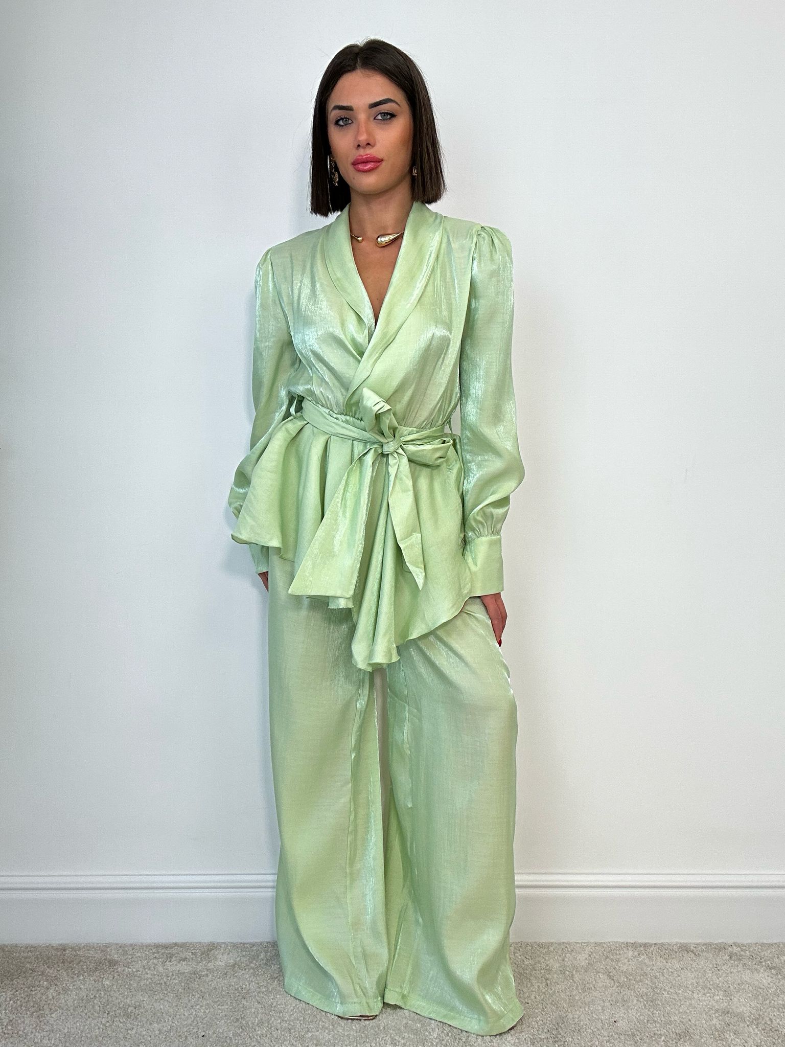 Coordinato Satinato (Blusa + Pantalone) Verde