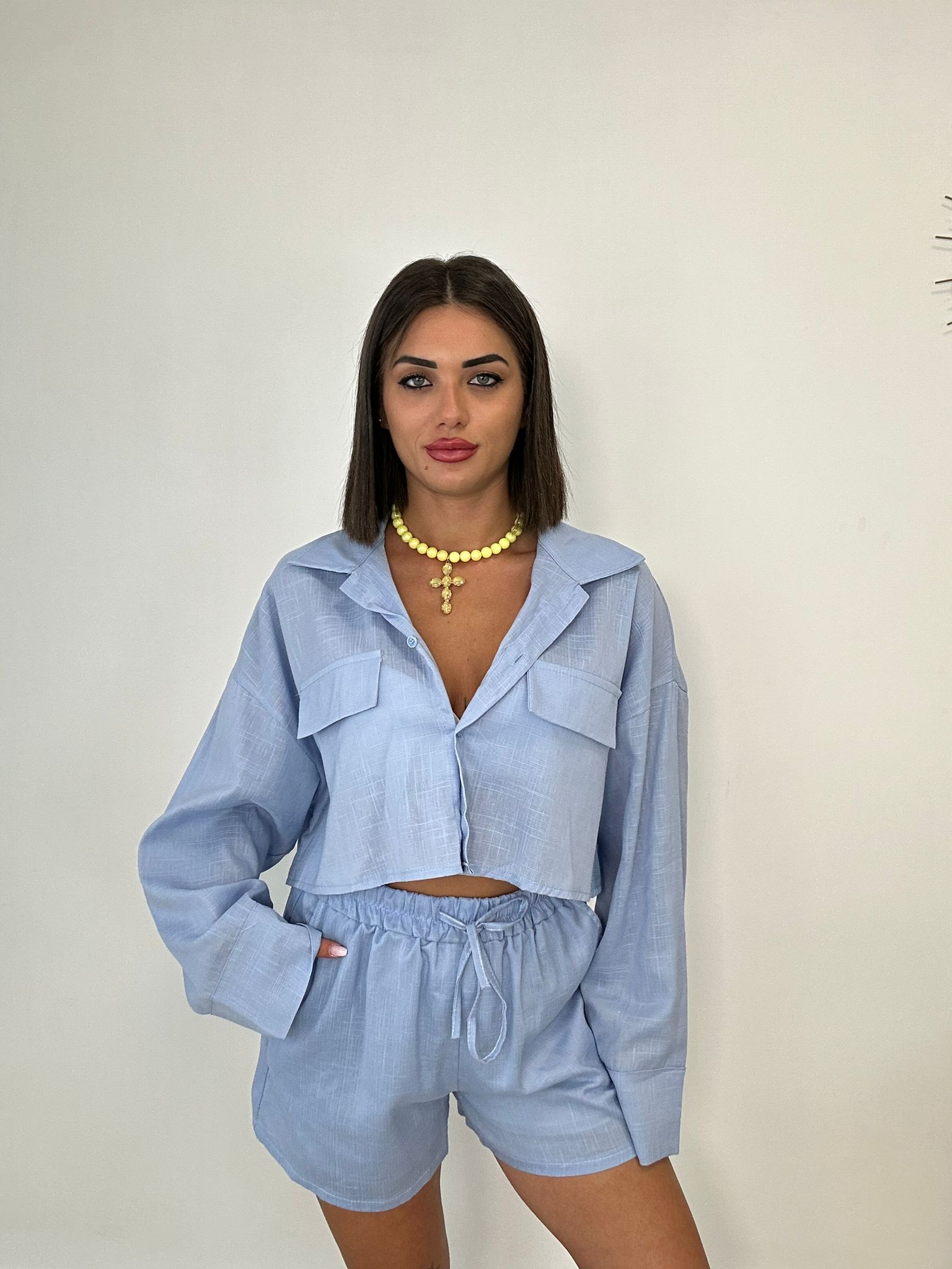 Coordinato Bilbao (Camicia Crop + Pantaloncino) Celeste