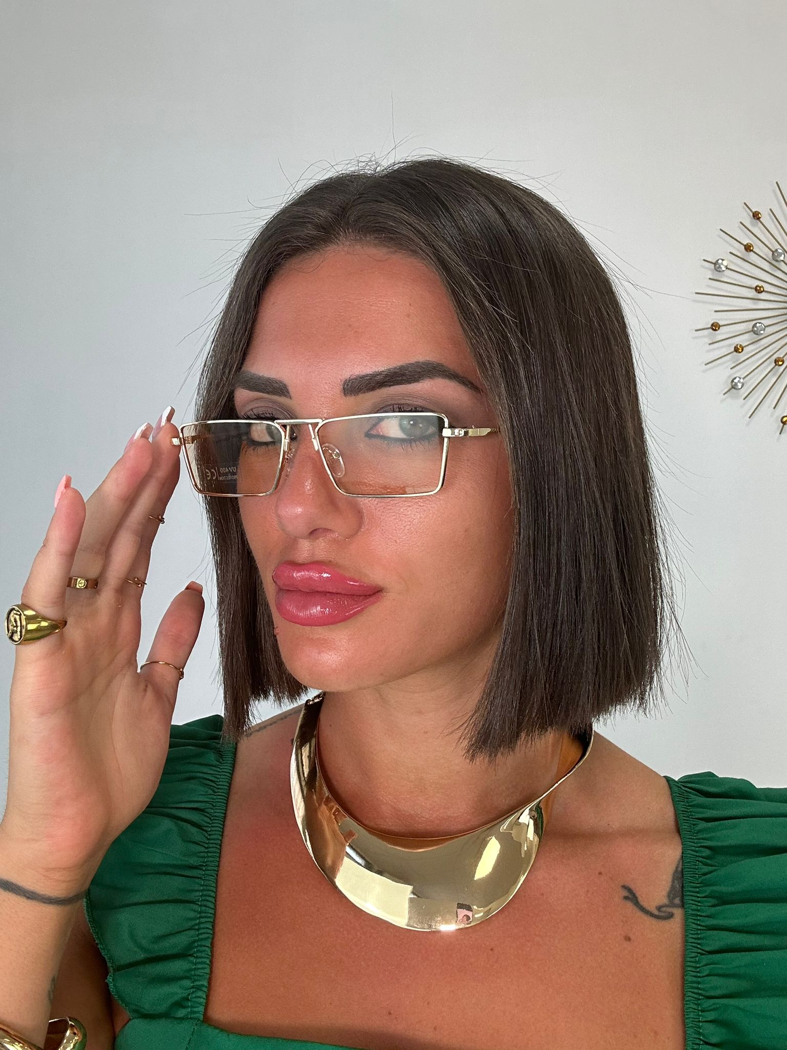 Occhiali da sole sottili quadrati con lente trasparente - Oro