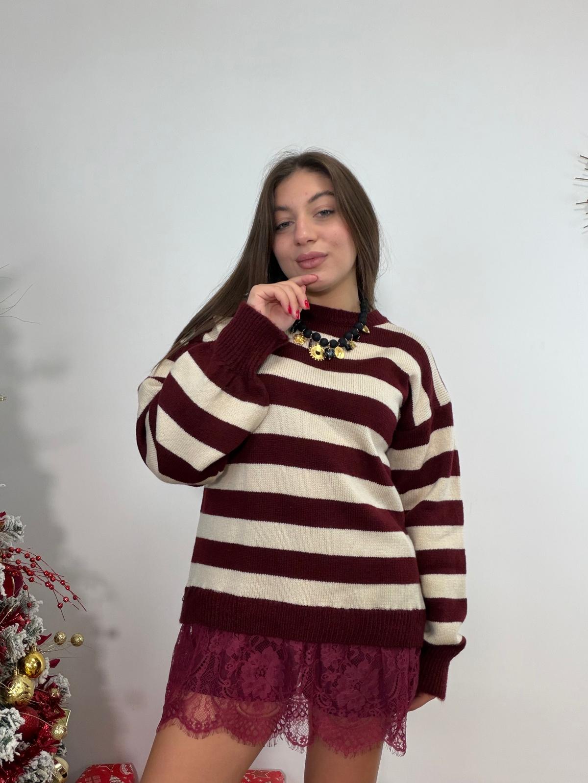 Maglione con pizzo 25892 - Panna e Bordeaux