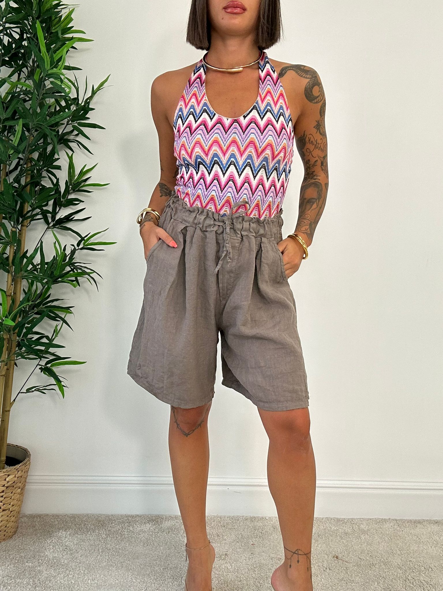 Pantaloncino con Laccetti in Lino - Fango