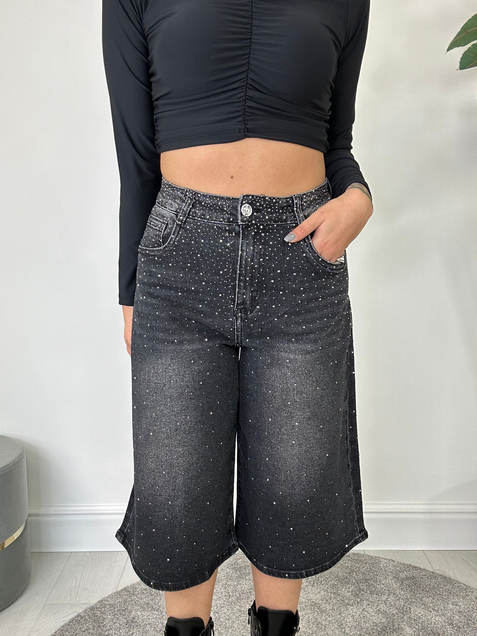 Baggy-Bermuda-Jeans - Schwarz
