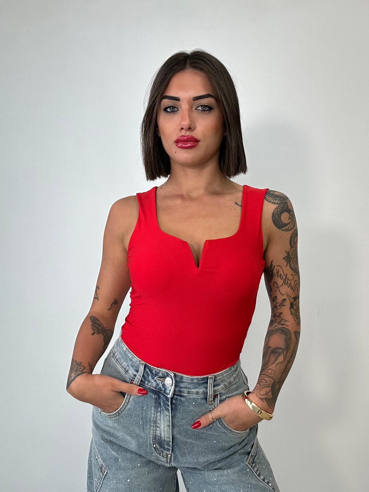 Body Smanicato Scollo a V - Rosso