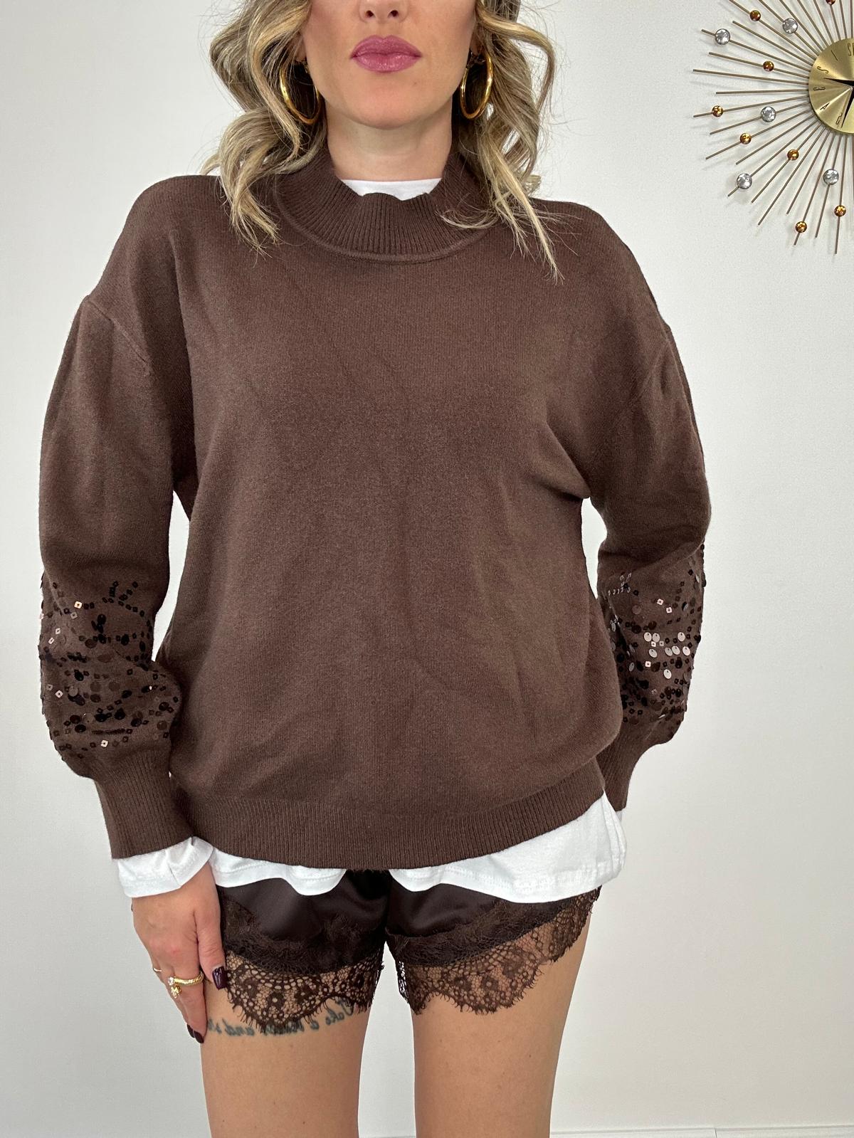 Maglioncino DL7357 con paillettes manica - Marrone