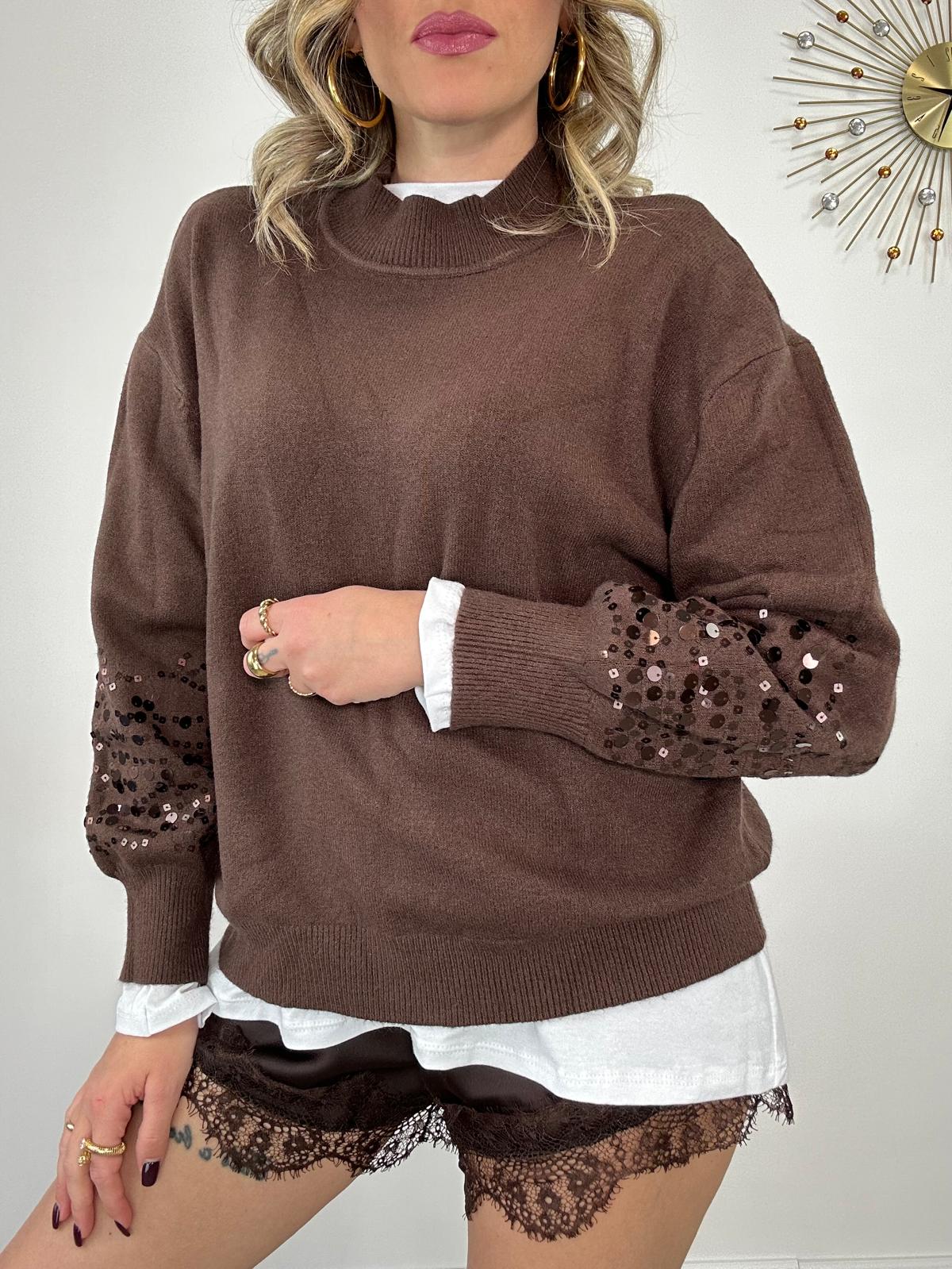 Maglioncino DL7357 con paillettes manica - Marrone
