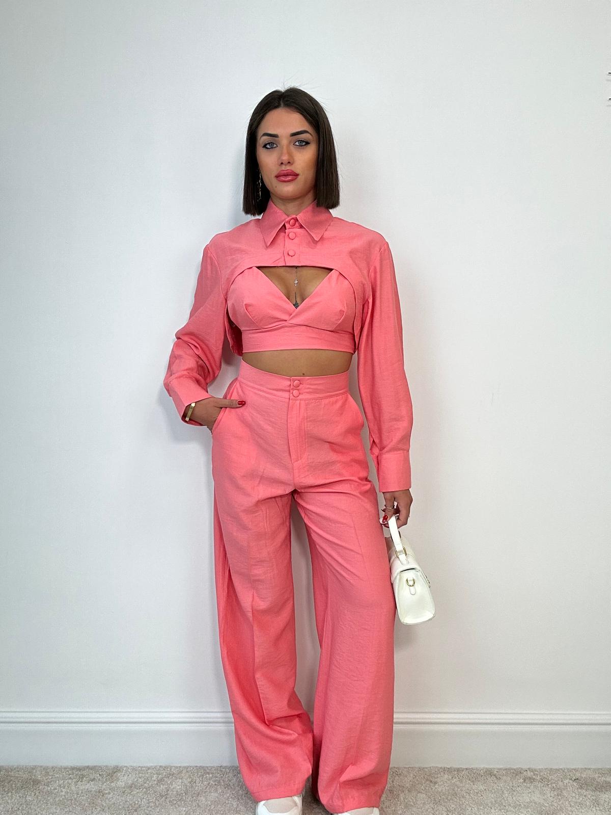 Coordinato Malibù (Camicetta Crop + Bralette + Pantalone) Salmone