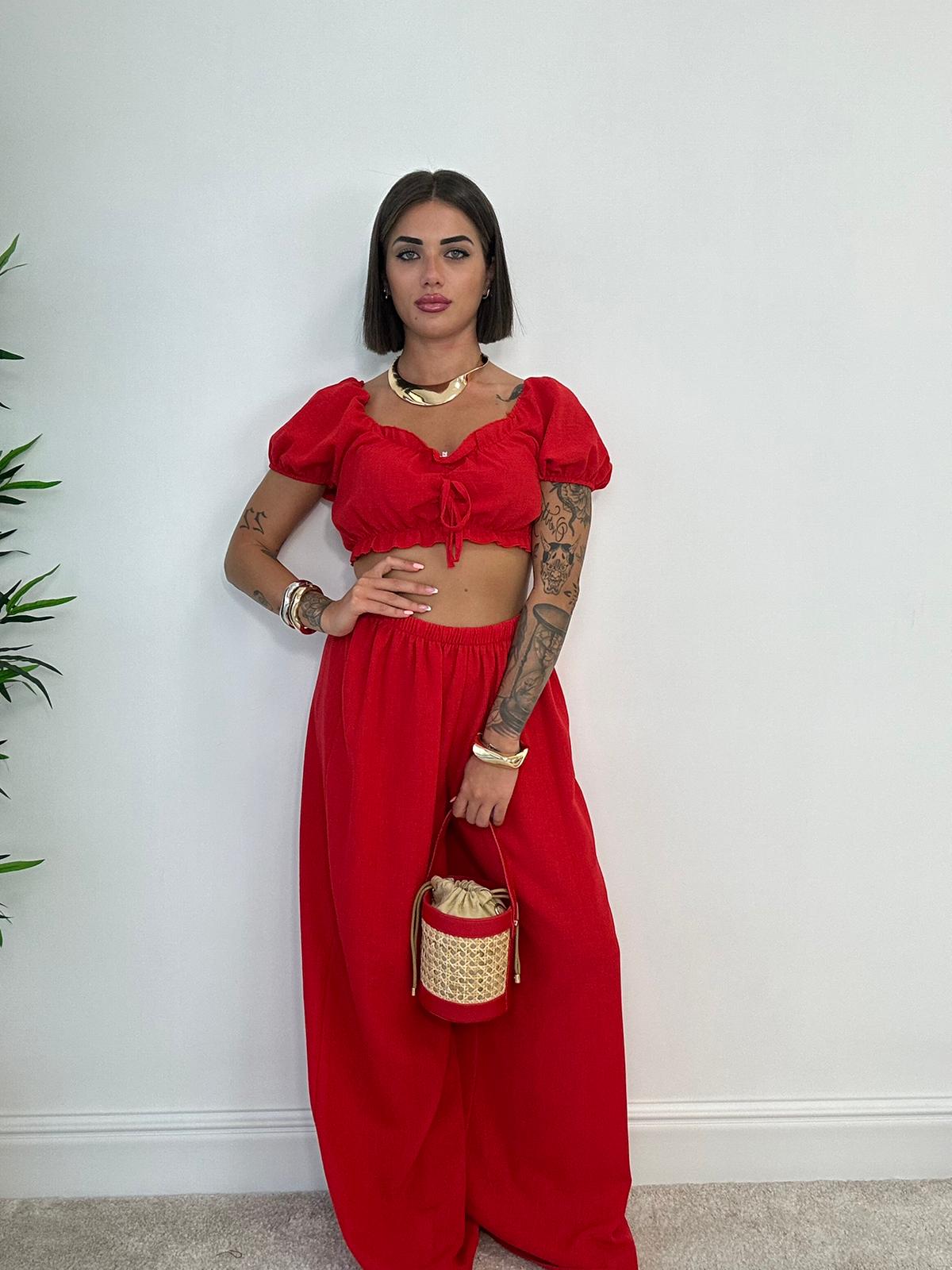 Coordinato mar66536 (Top Crop + Pantalone) Rosso