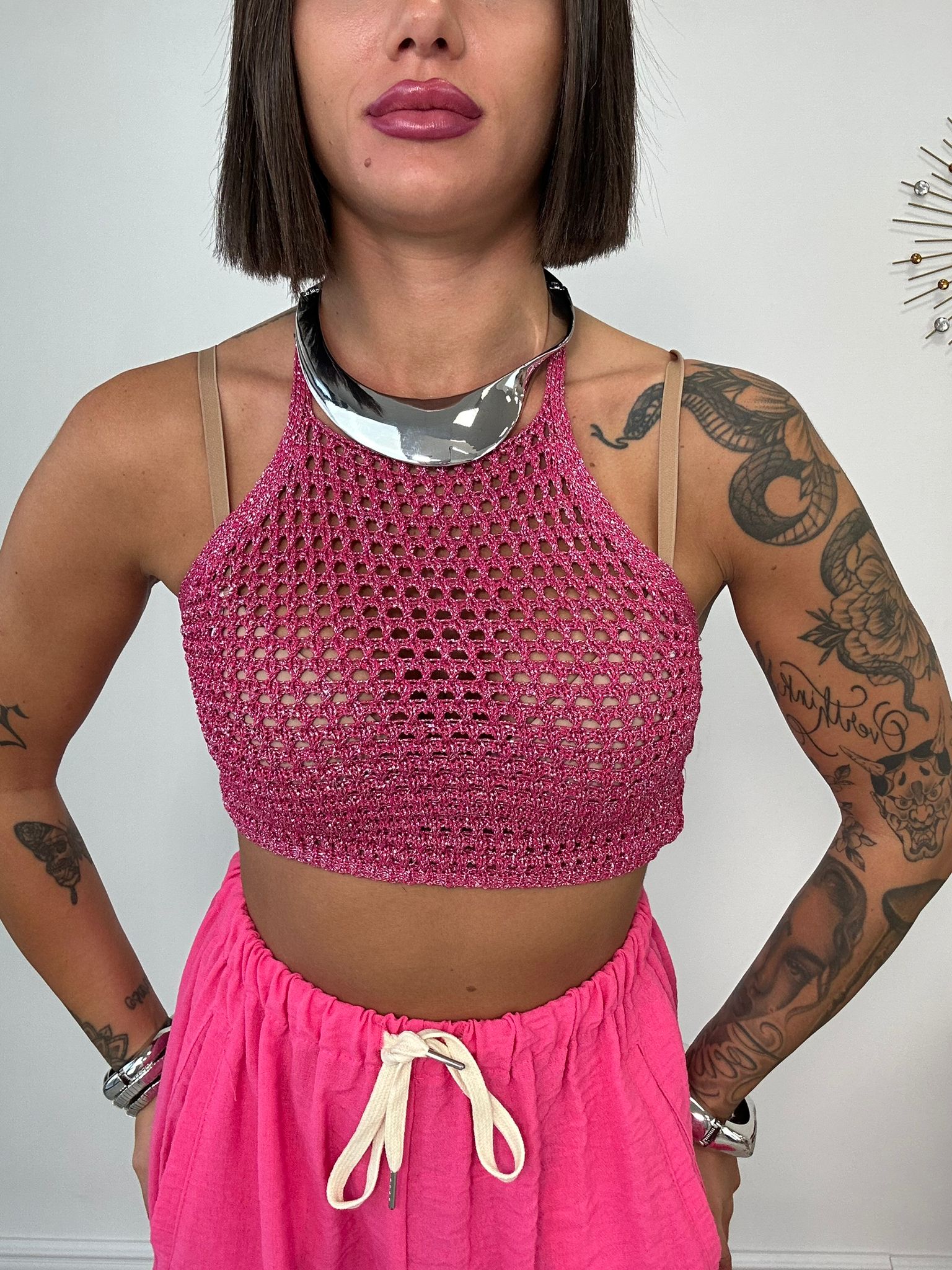 Top in filo traforato - Fucsia
