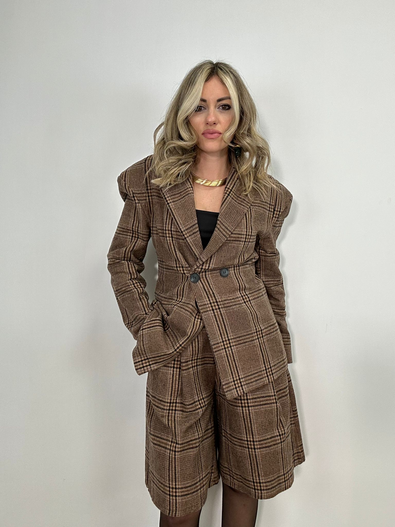 Coordinato 251363 ( Bermuda + Giacca ) Scozzese - Marrone