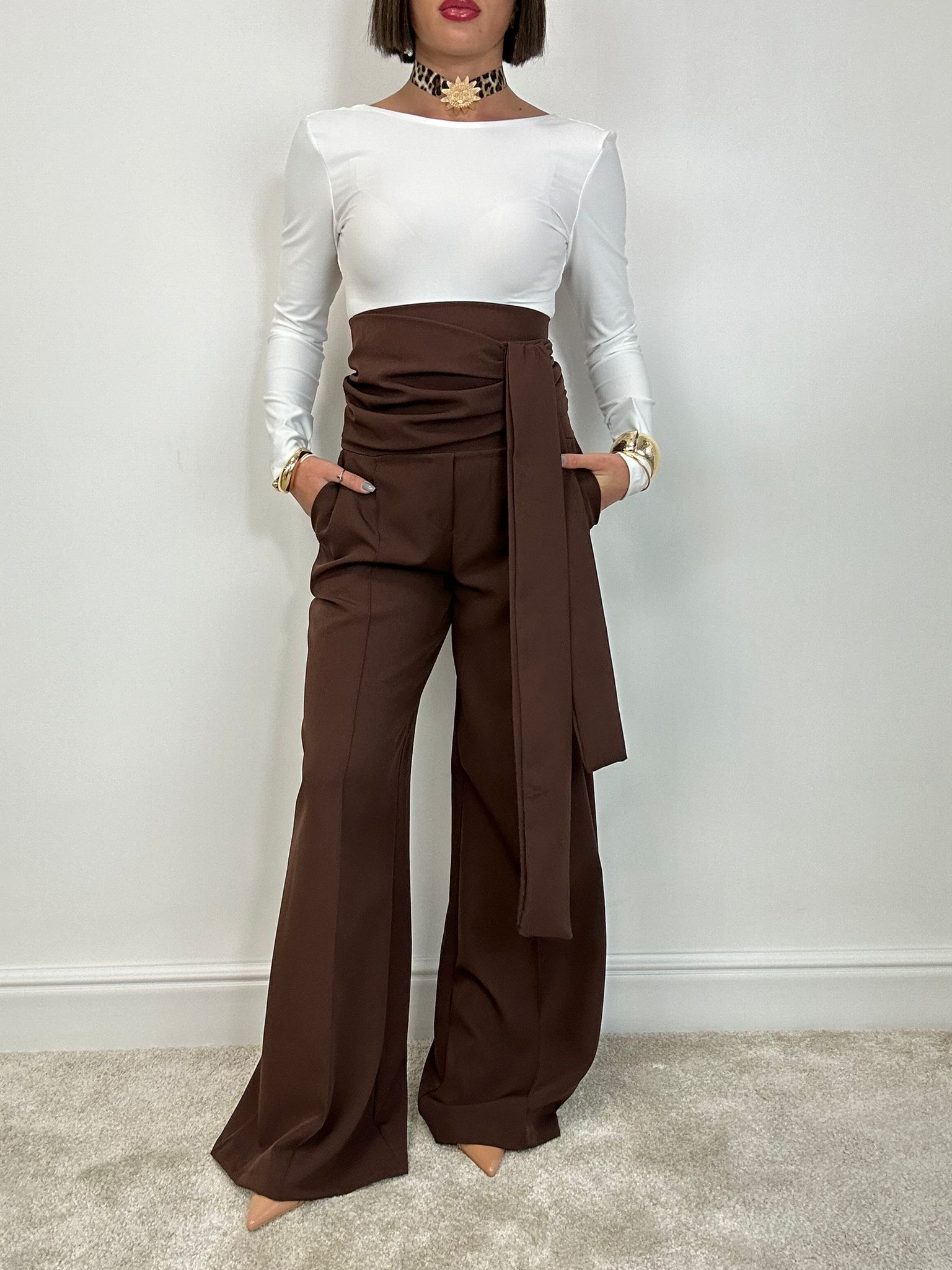 Pantalon Palazzo taille haute - Marron