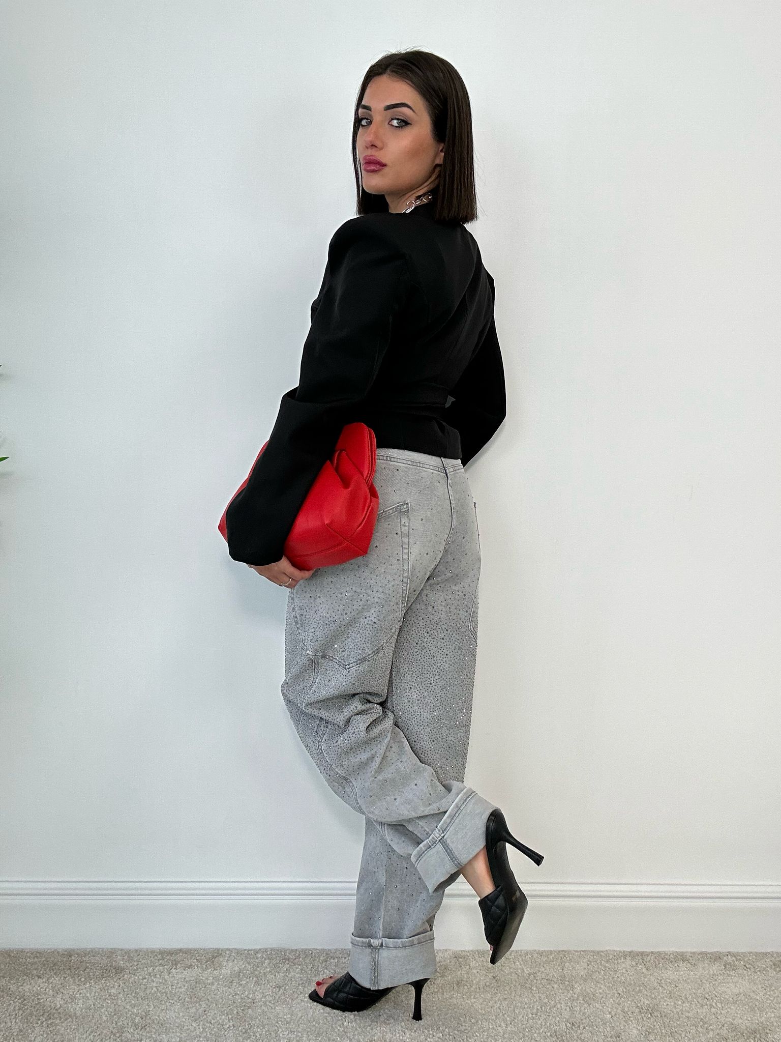Jeans Wide Balloon Brillantinato - Grigio Chiaro