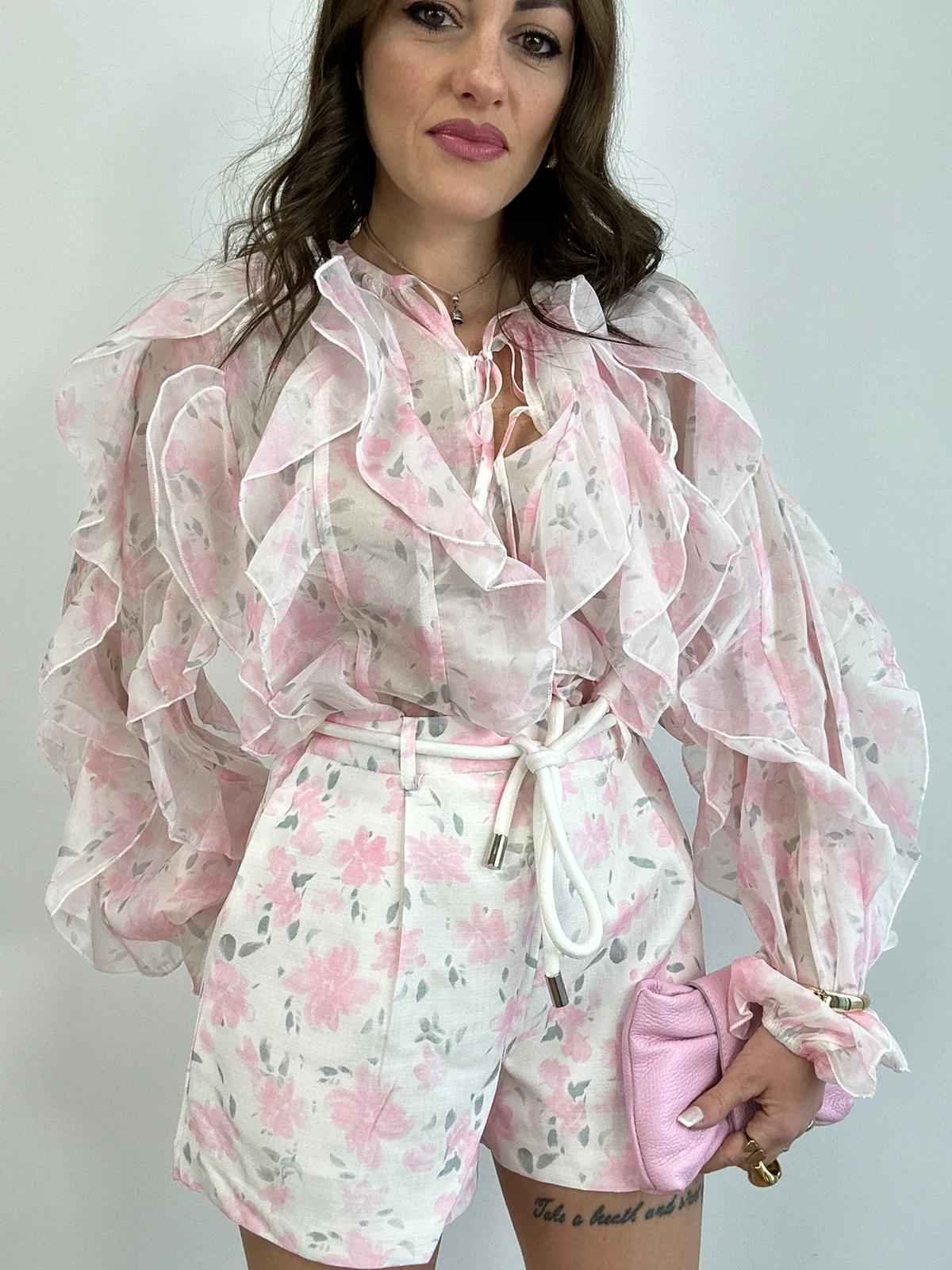 Coordinato floreale ( Pantaloncino + Camicetta ) S6111 - Fondo Bianco