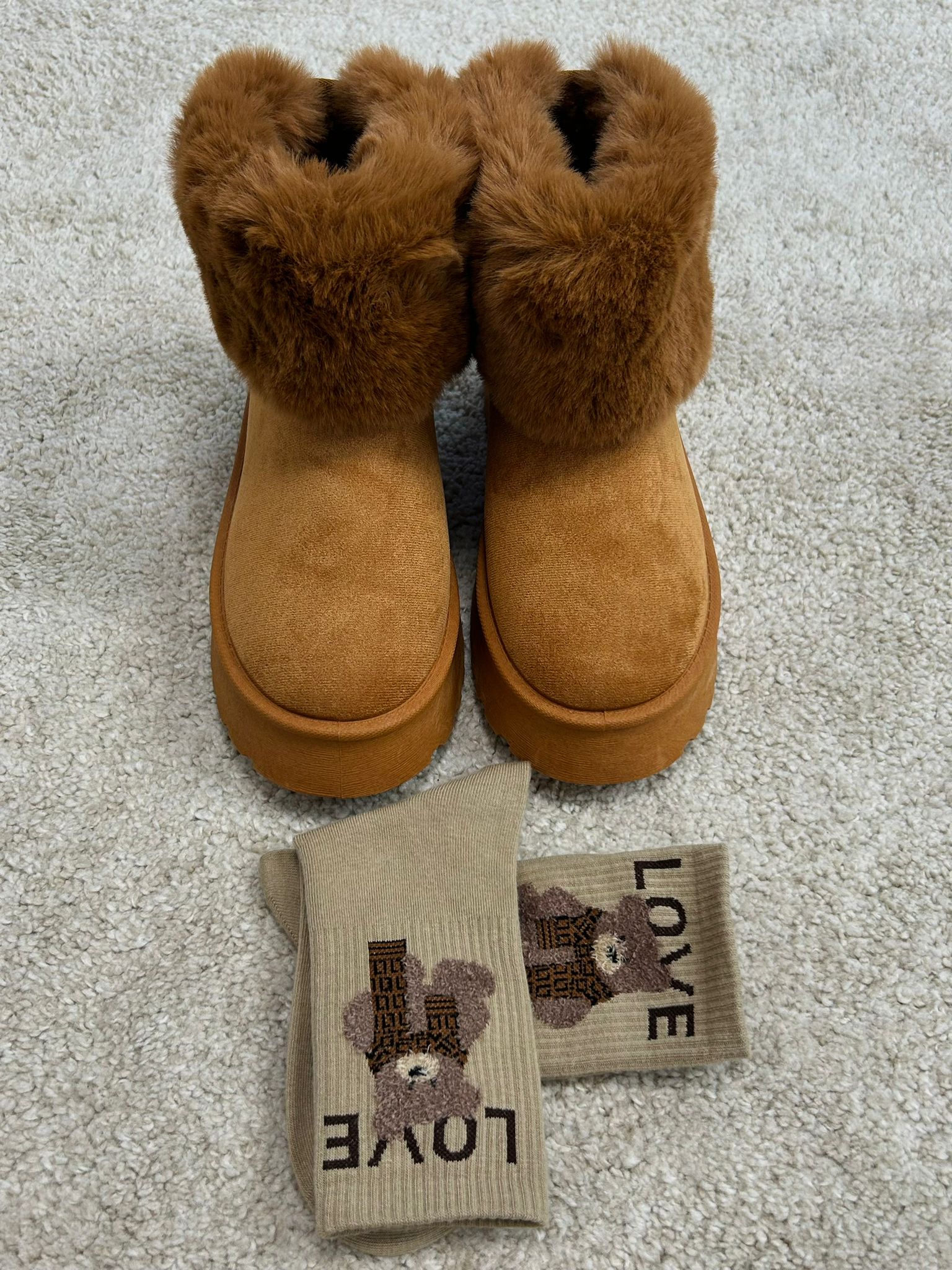 Slippers a stivaletto con ecopelliccia e fiocco - Camel