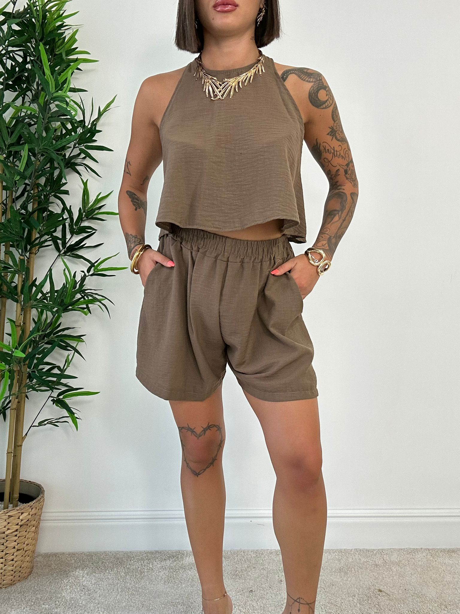 Coordinato Ludovica (Top + Pantaloncino) Marrone