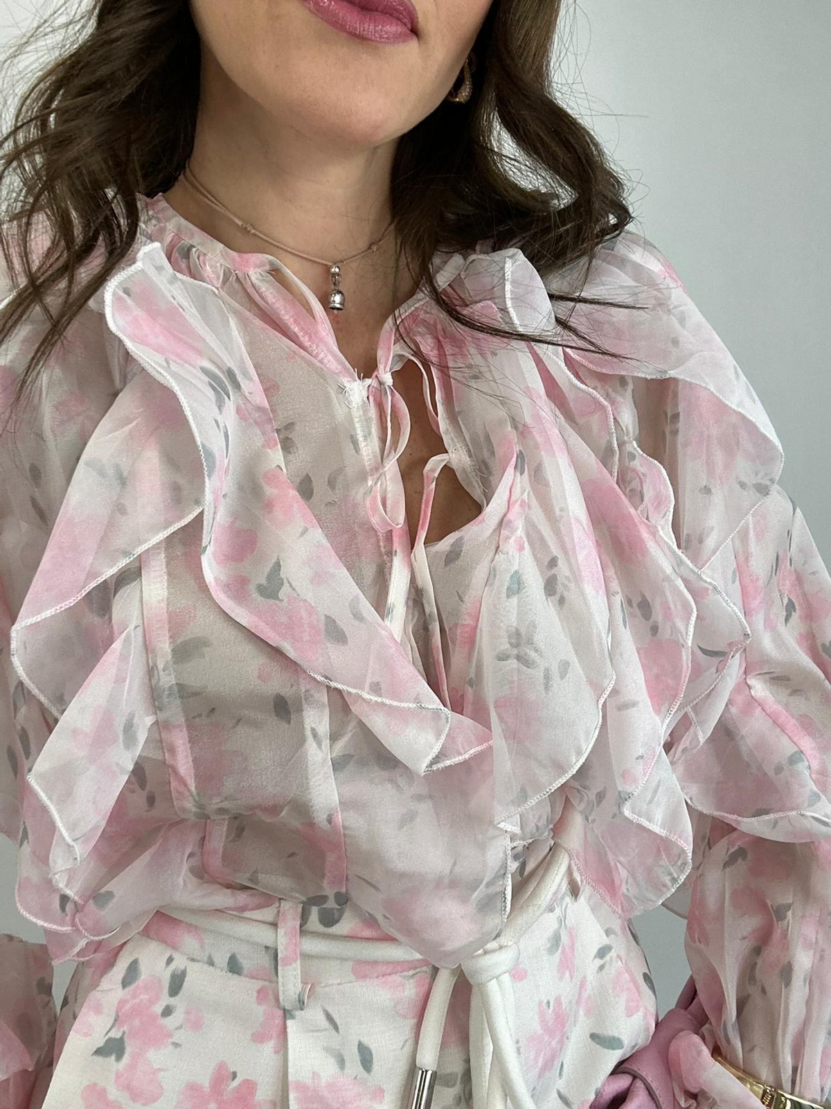 Coordinato floreale ( Pantaloncino + Camicetta ) S6111 - Fondo Bianco