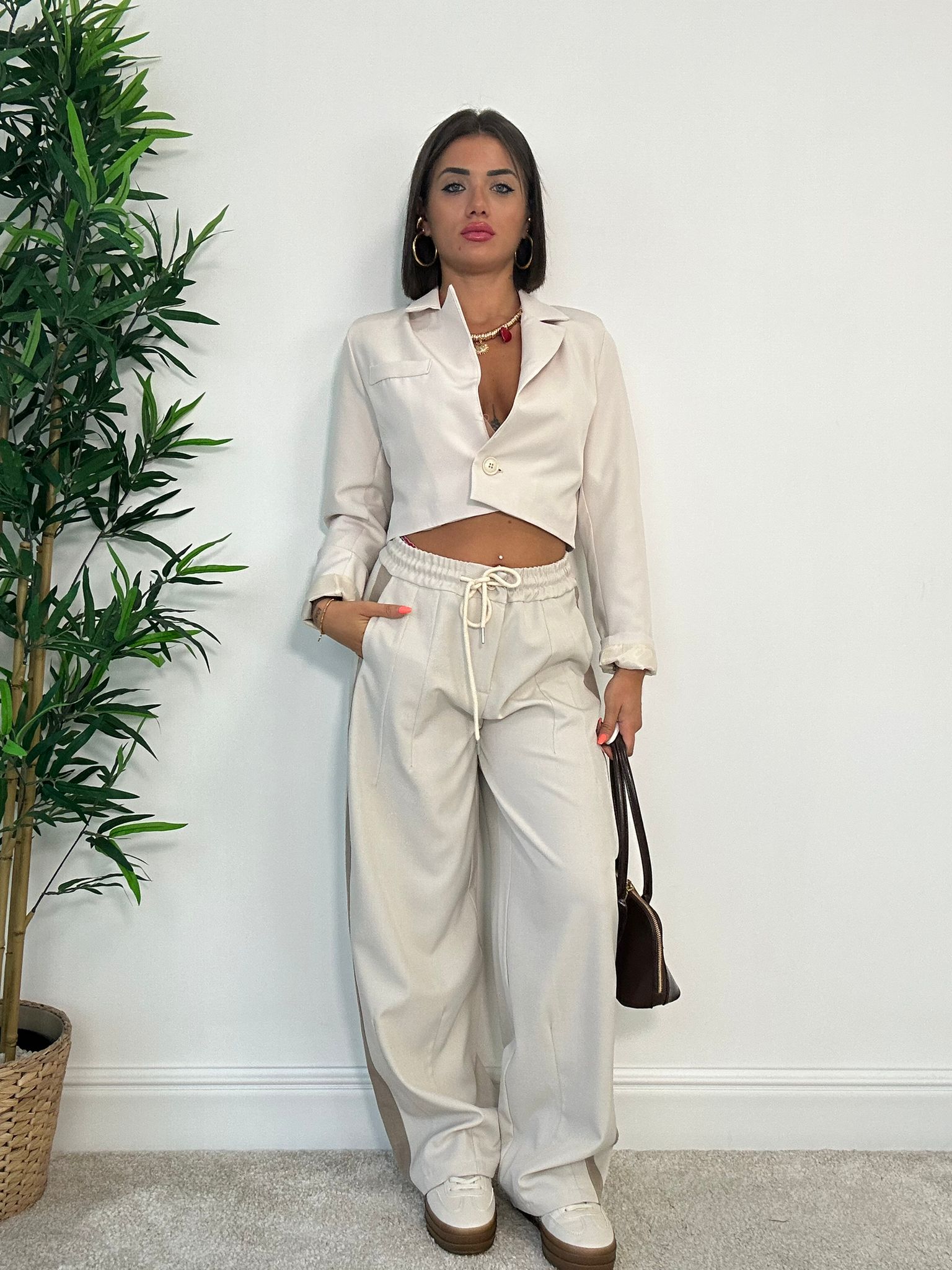 Pantalone con laccetti 66618 - Panna e Fango