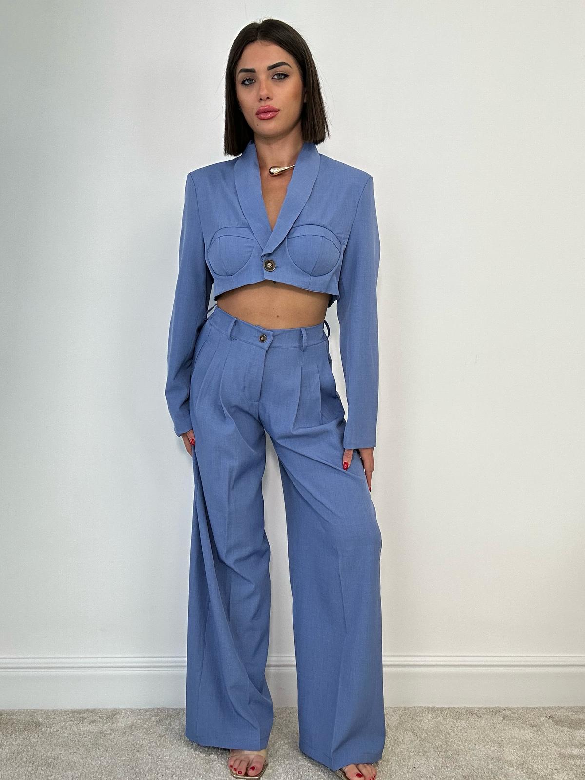 Coordinato Vittoria (Blazer Crop + Pantalone) Blu Denim