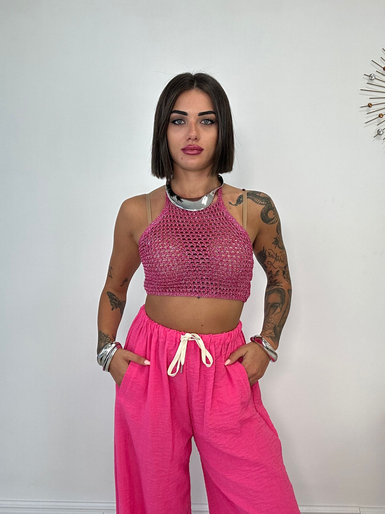 Top in filo traforato - Fucsia
