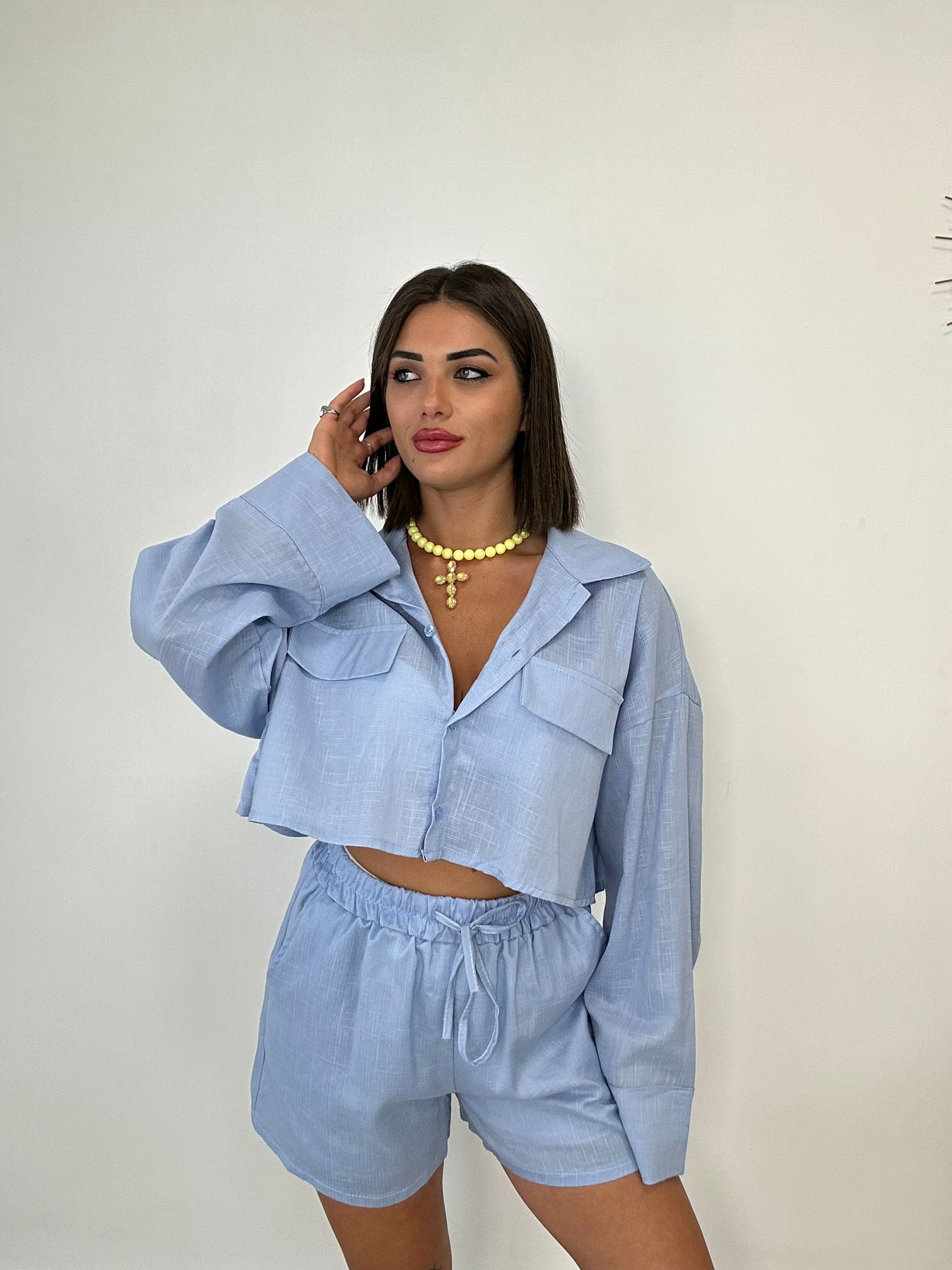 Coordinato Bilbao (Camicia Crop + Pantaloncino) Celeste