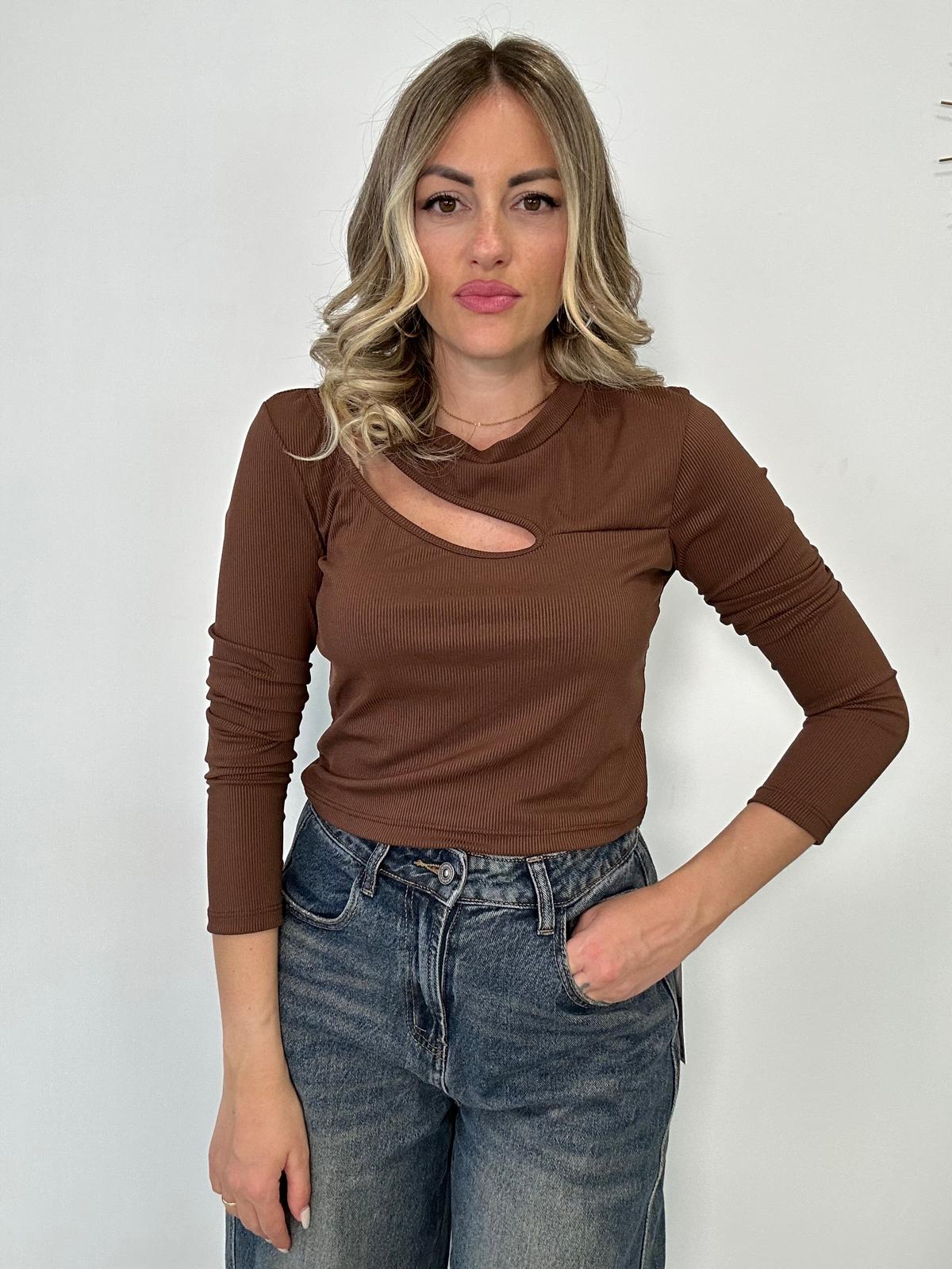 Maglia a costine con apertura - Marrone