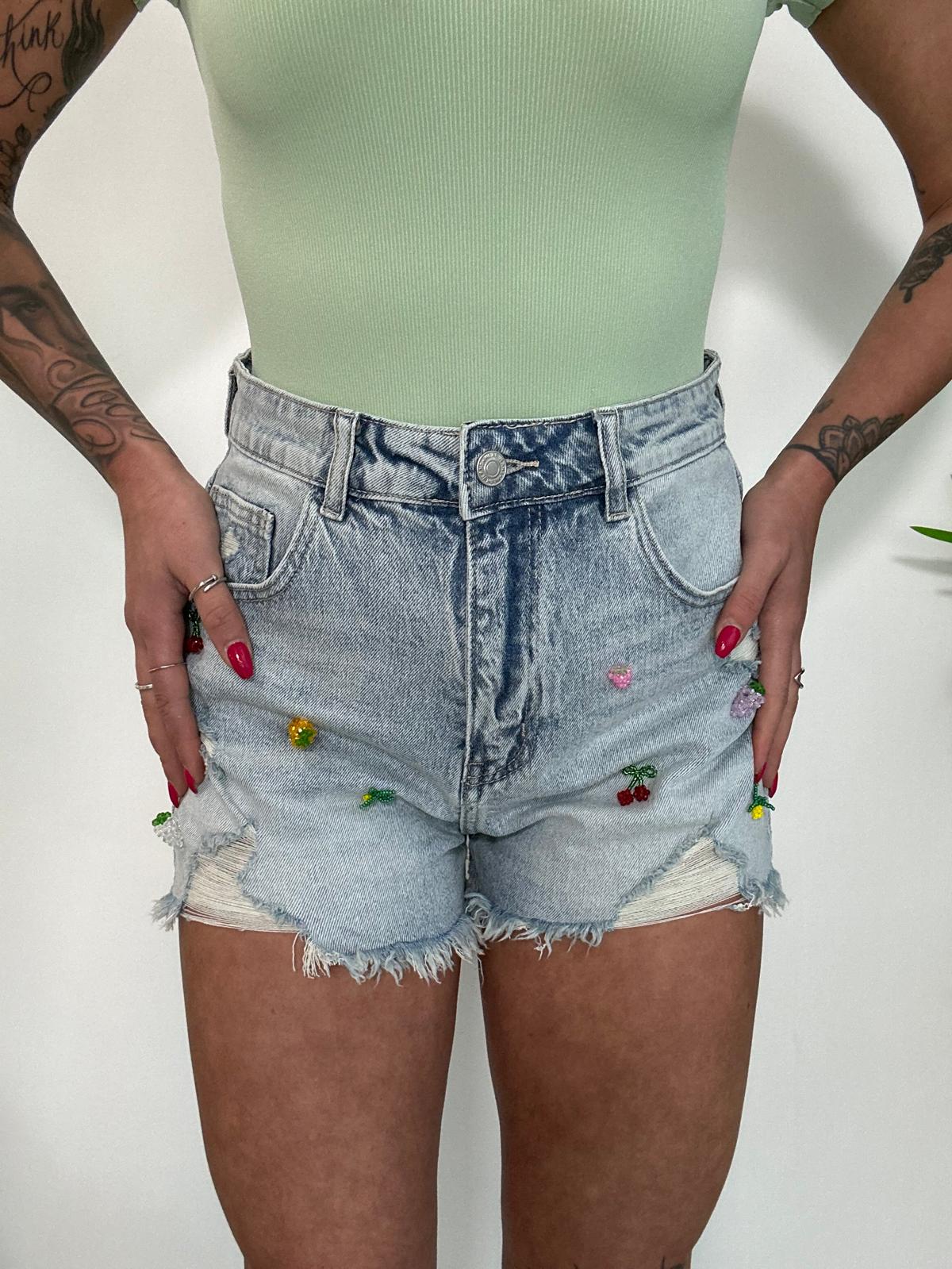 Short en jean à détails en relief - Délavage clair