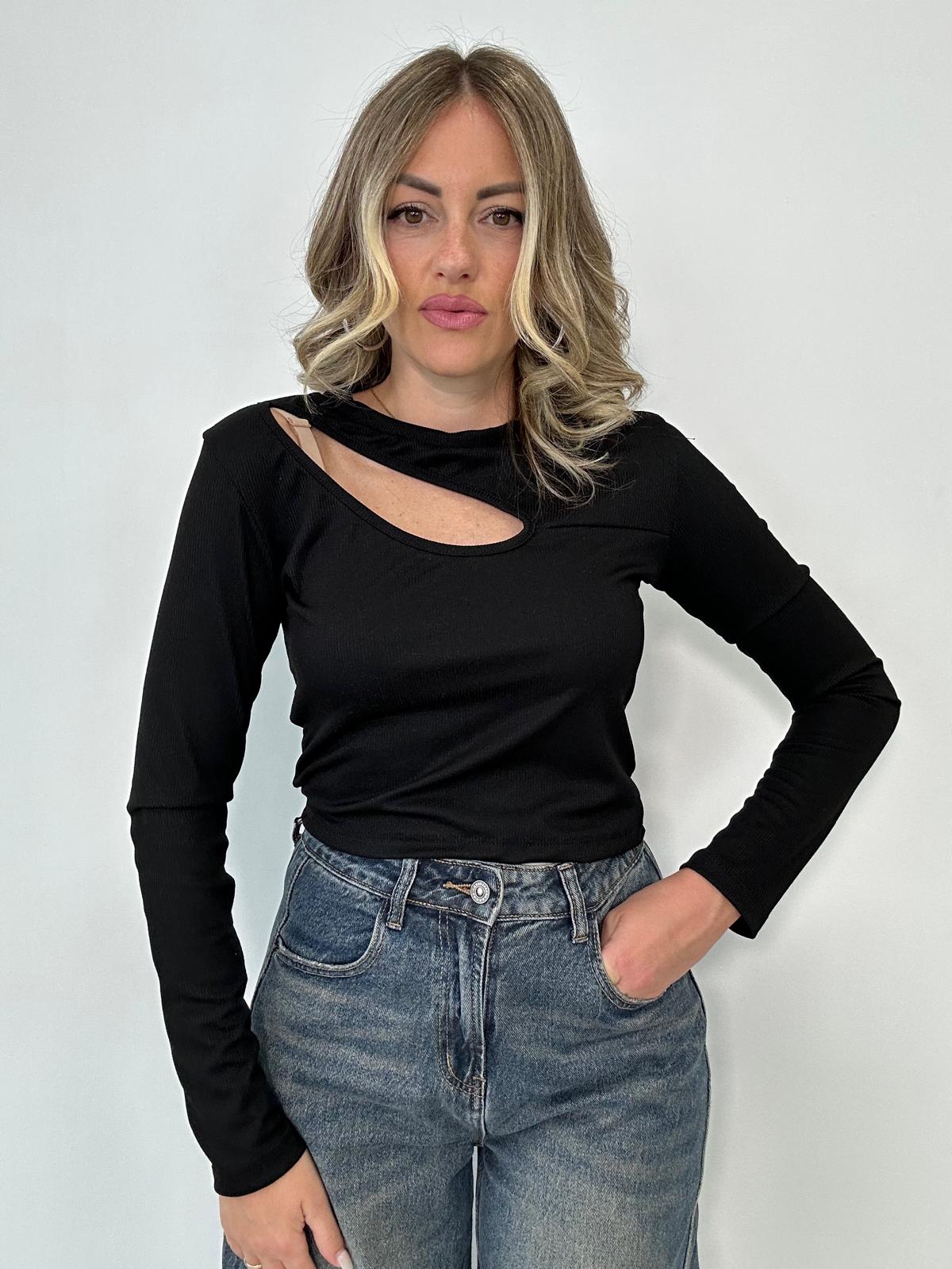 Maglia a costine con apertura - Nero
