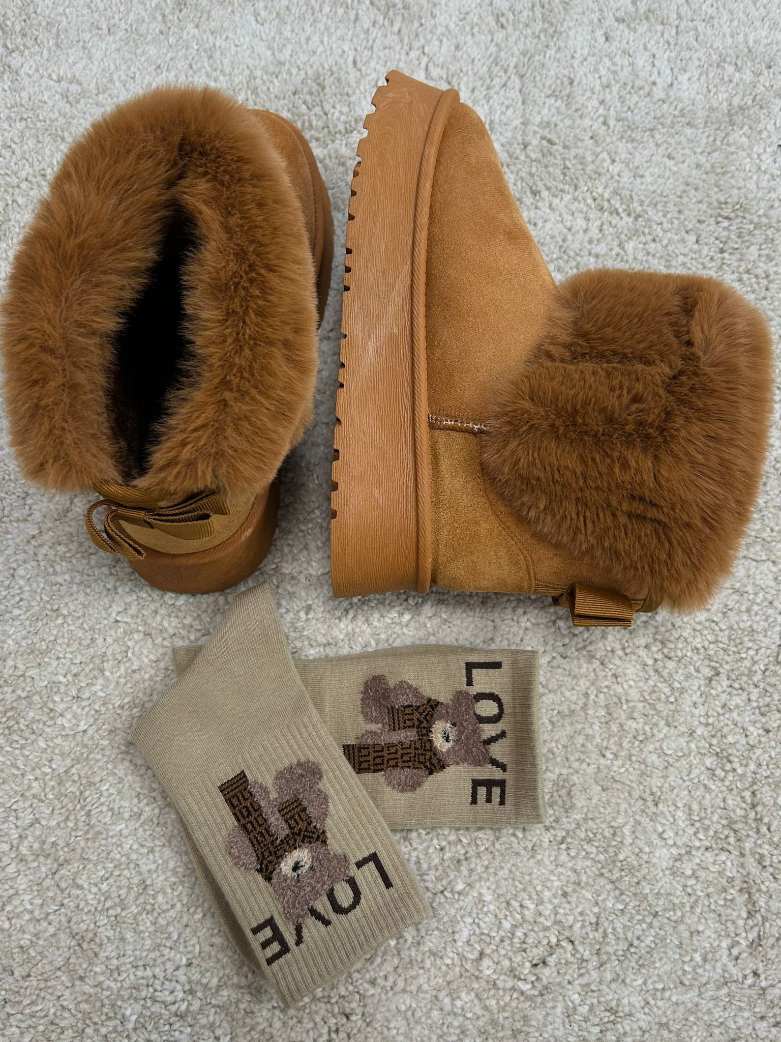 Slippers a stivaletto con ecopelliccia e fiocco - Camel