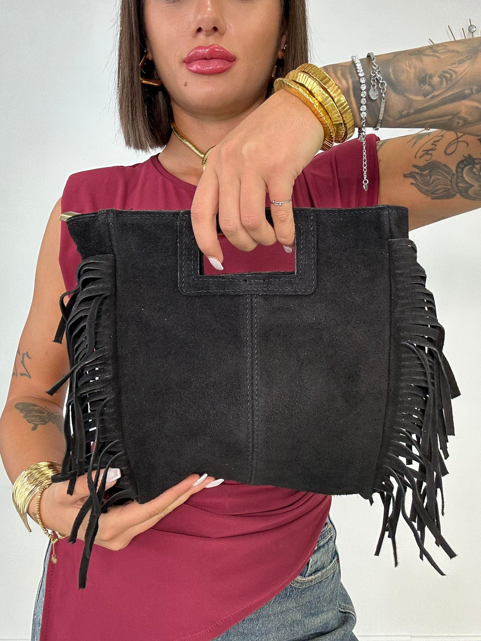 Borsa con frange e manico rigido - Nero